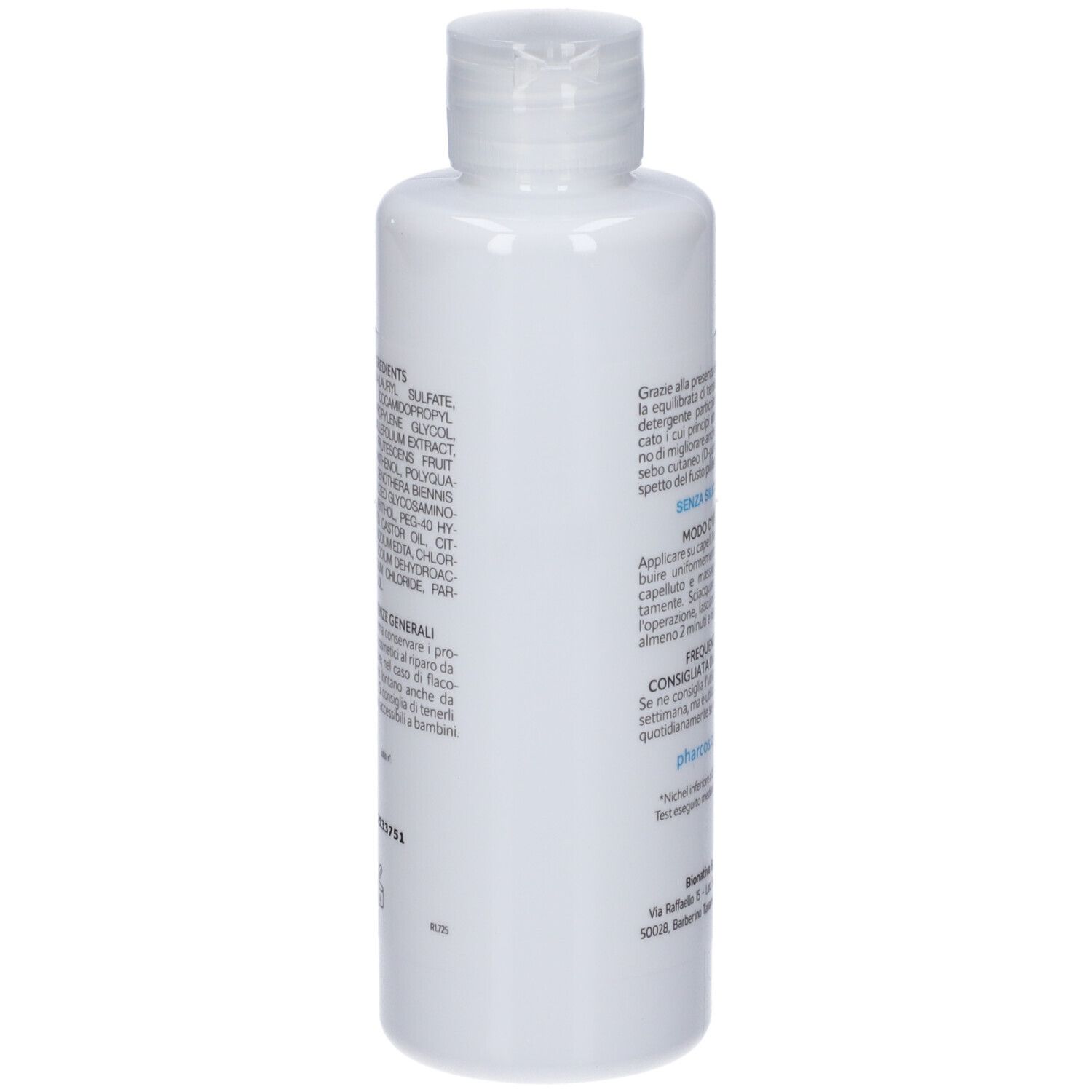 Weiße Flasche mit Informationen zu Inhaltsstoffen und Anwendung.