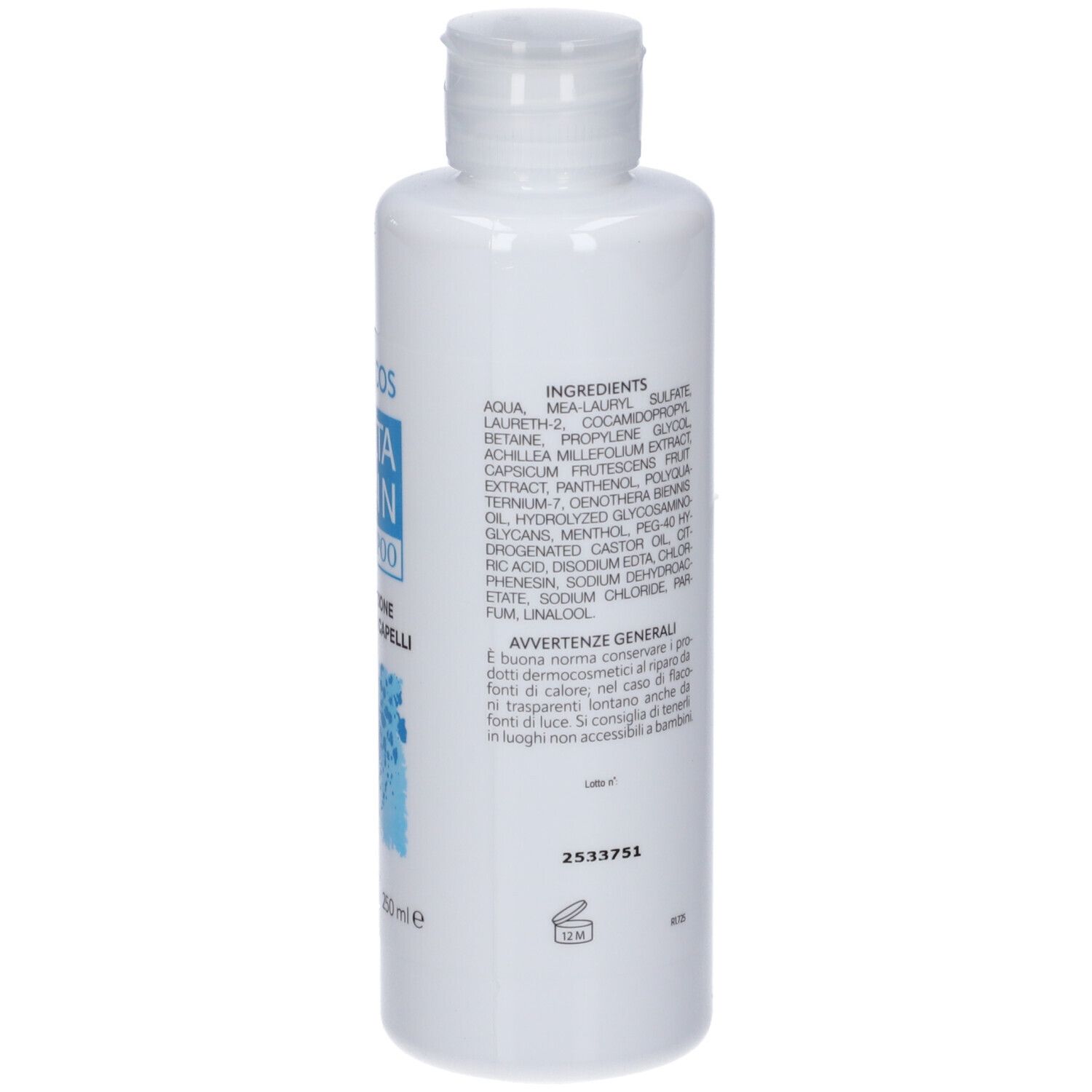 Weiße Flasche mit blauem Etikett, Inhaltsstoffe und Anwendungshinweise auf Italienisch.