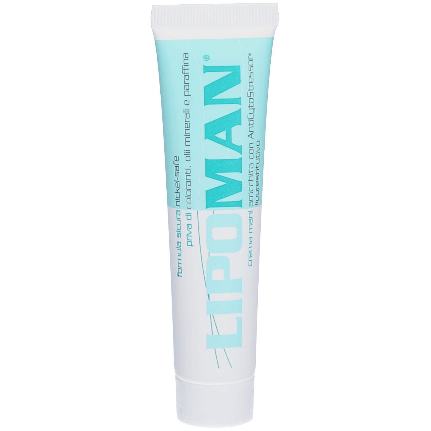 Tube de crème. Inscription: LIPOMAN, Creme Mani. Tube turquoise et blanc.