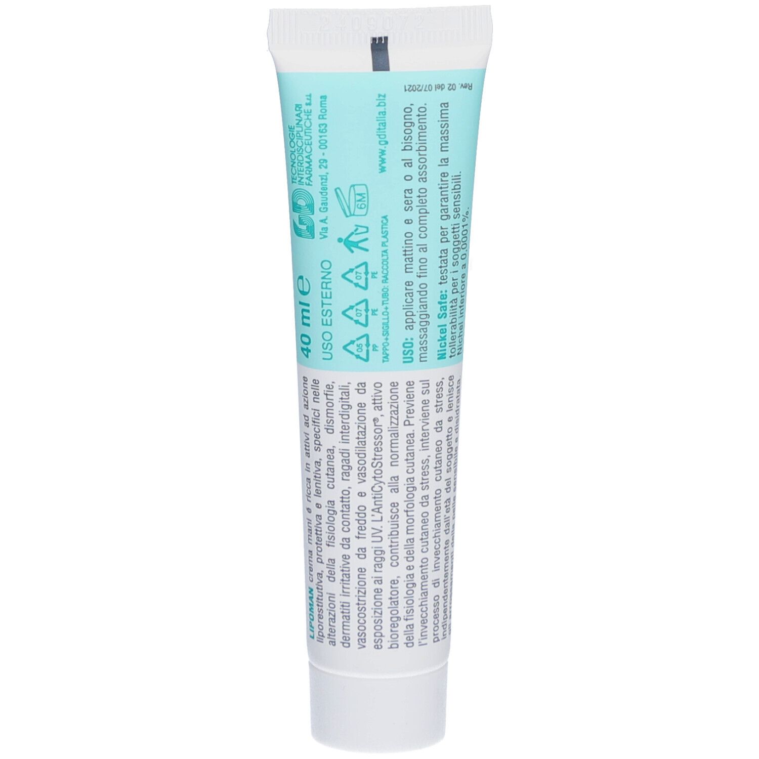 Dos du tube de crème. Texte et symboles. Tube turquoise et blanc.