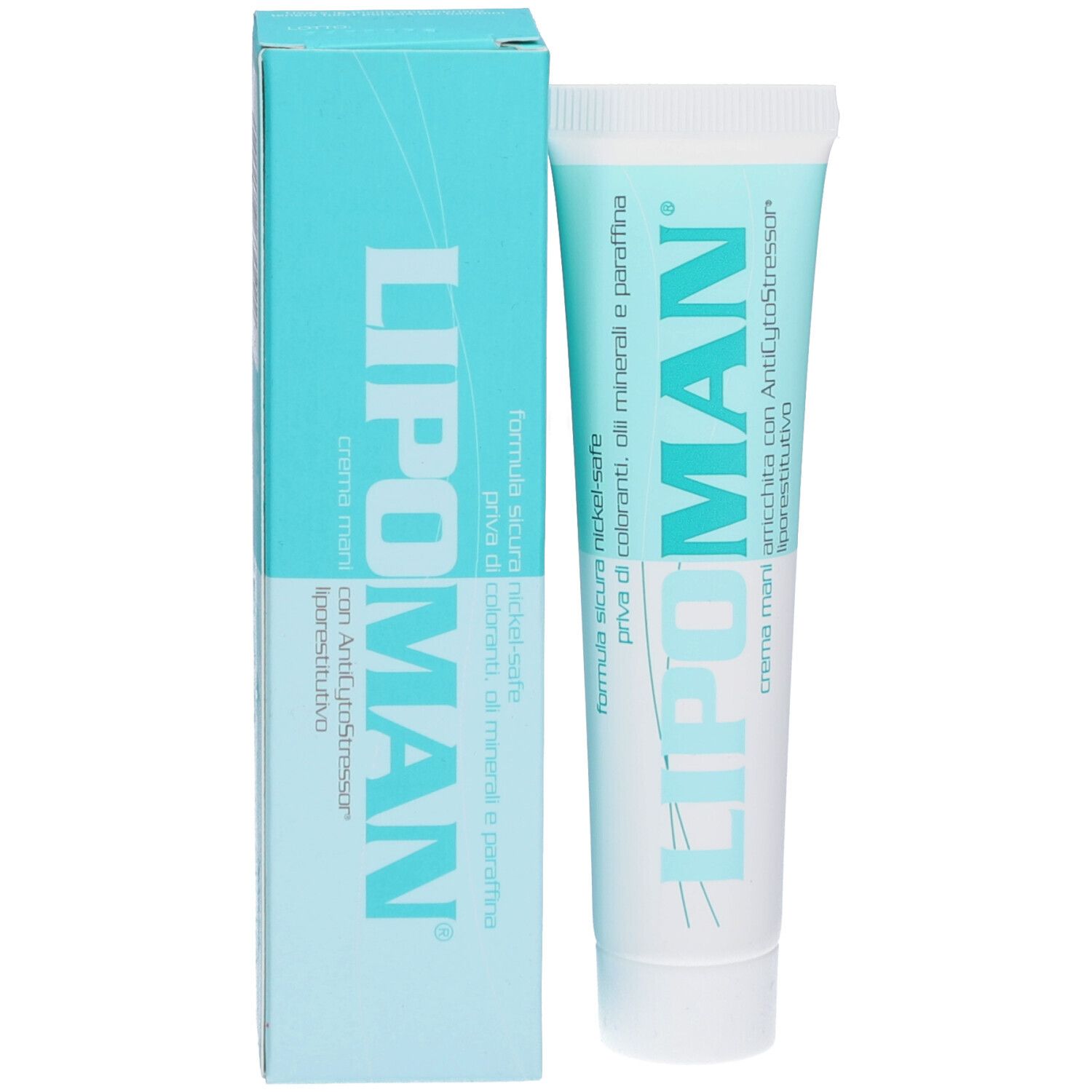 Tube et boîte de crème. Inscription: LIPOMAN, Creme Mani. Emballage turquoise et blanc.