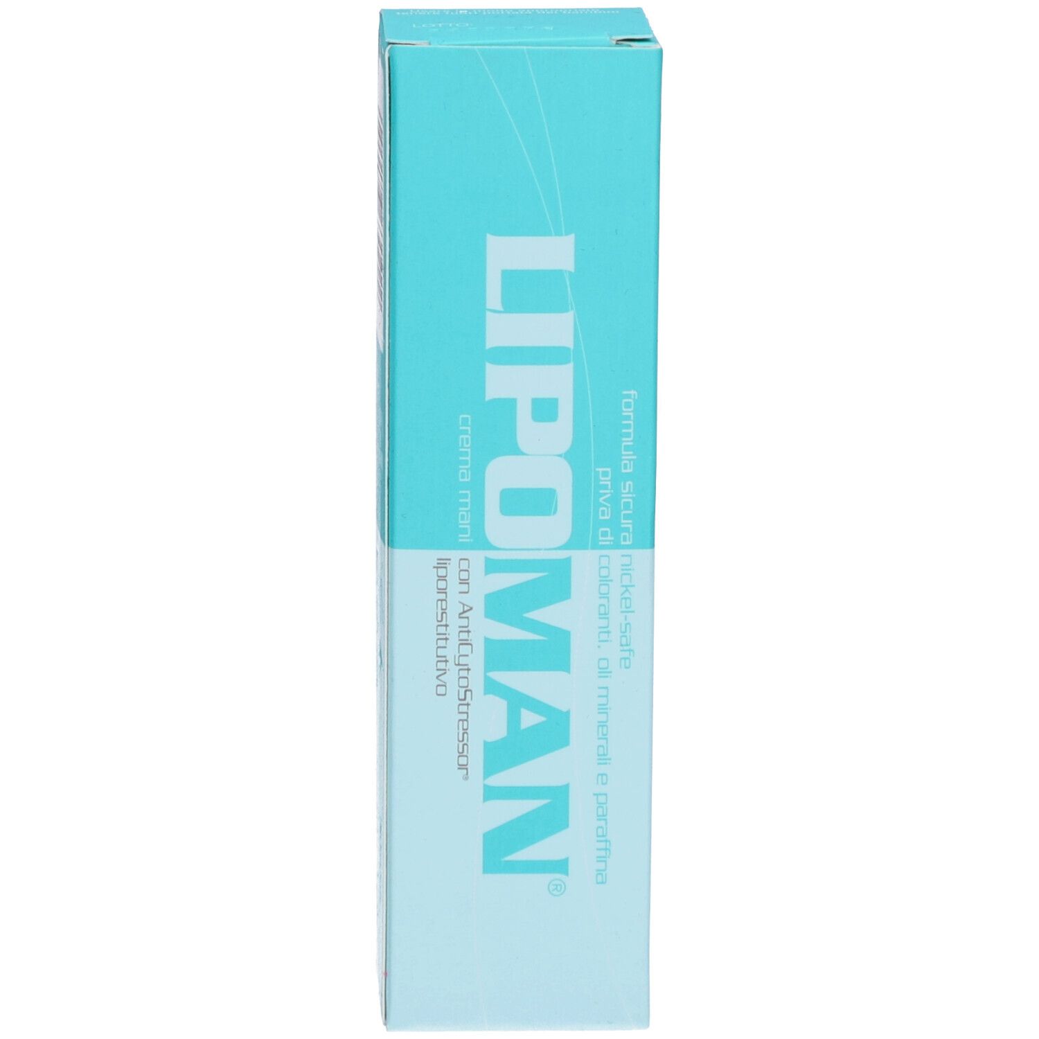 Boîte. Inscription: LIPOMAN, Creme Mani. Emballage turquoise et blanc.