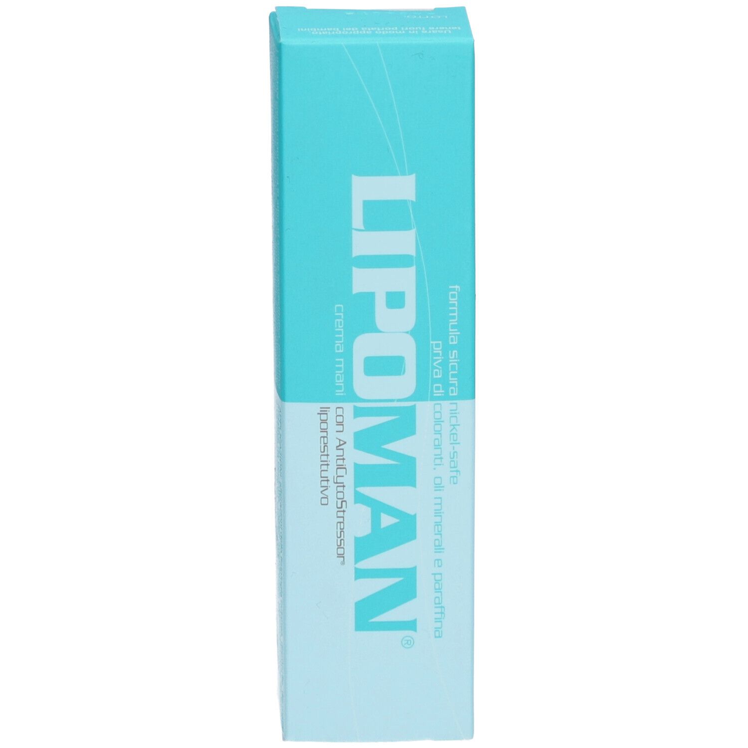 Boîte. Inscription: LIPOMAN, Creme Mani. Emballage turquoise et blanc.