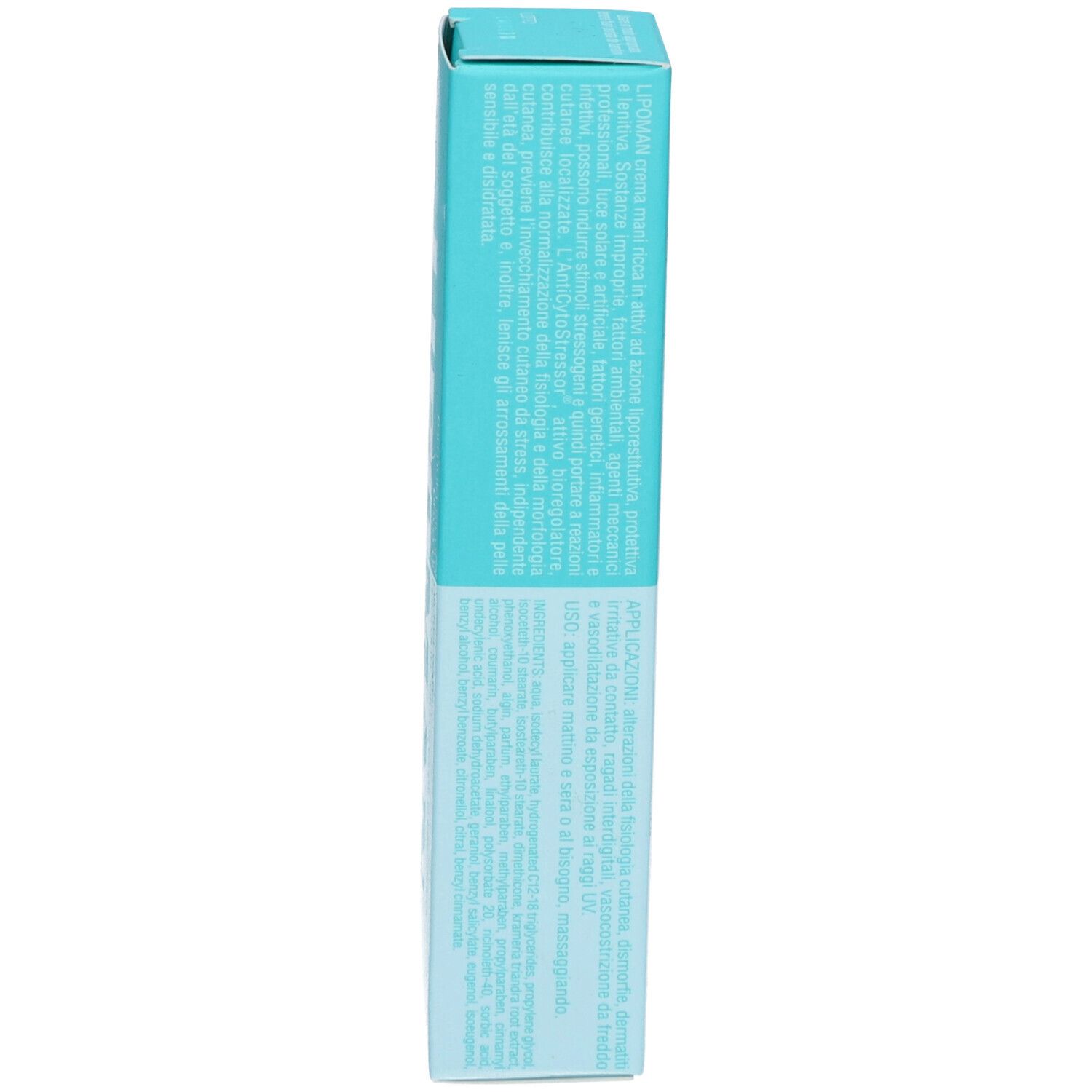 Côté de la boîte. Texte. Emballage turquoise et blanc.