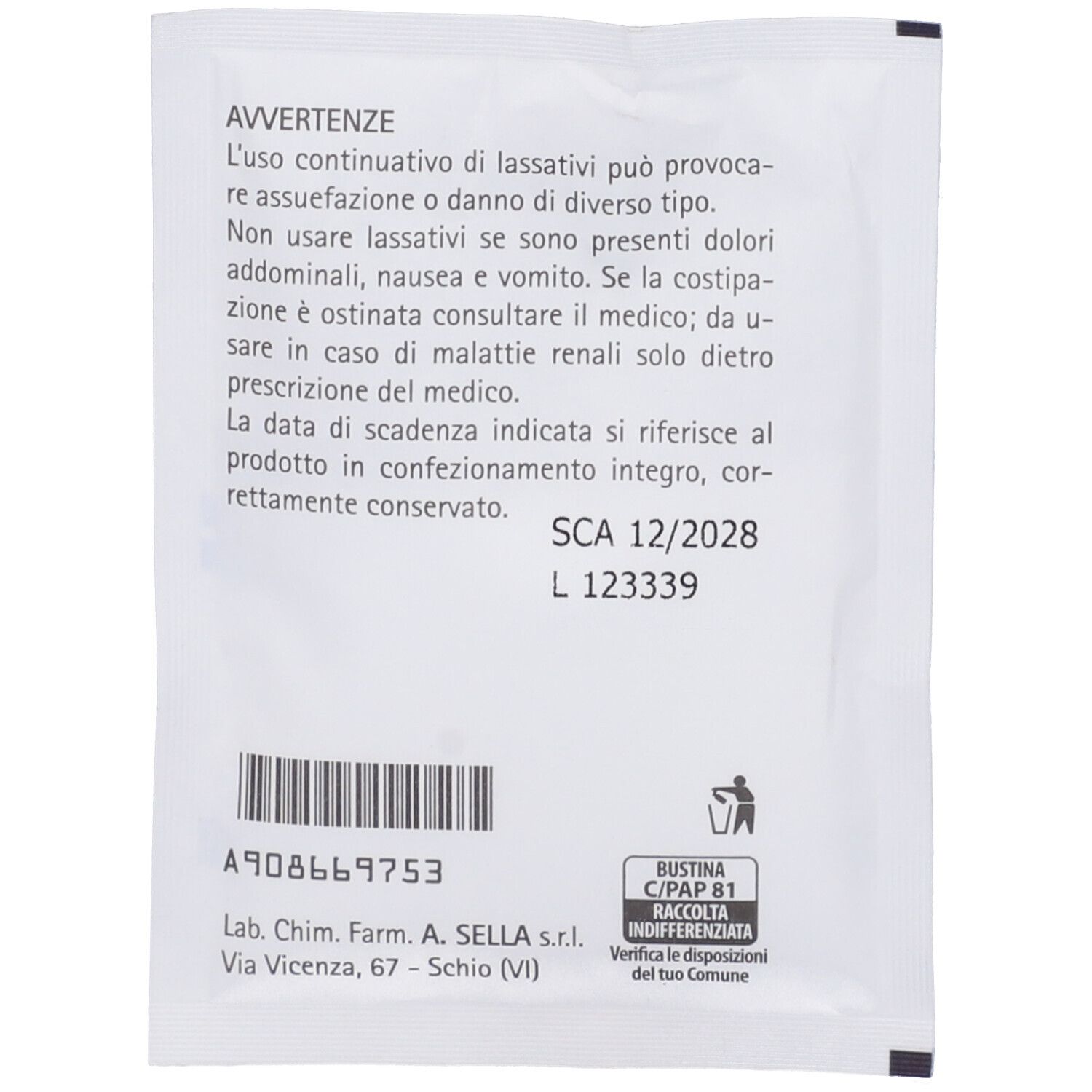 Retro della busta con testo e codice a barre. Testo: AVVERTENZE, SCA 12/2028, L 123339. Simbolo riciclo.