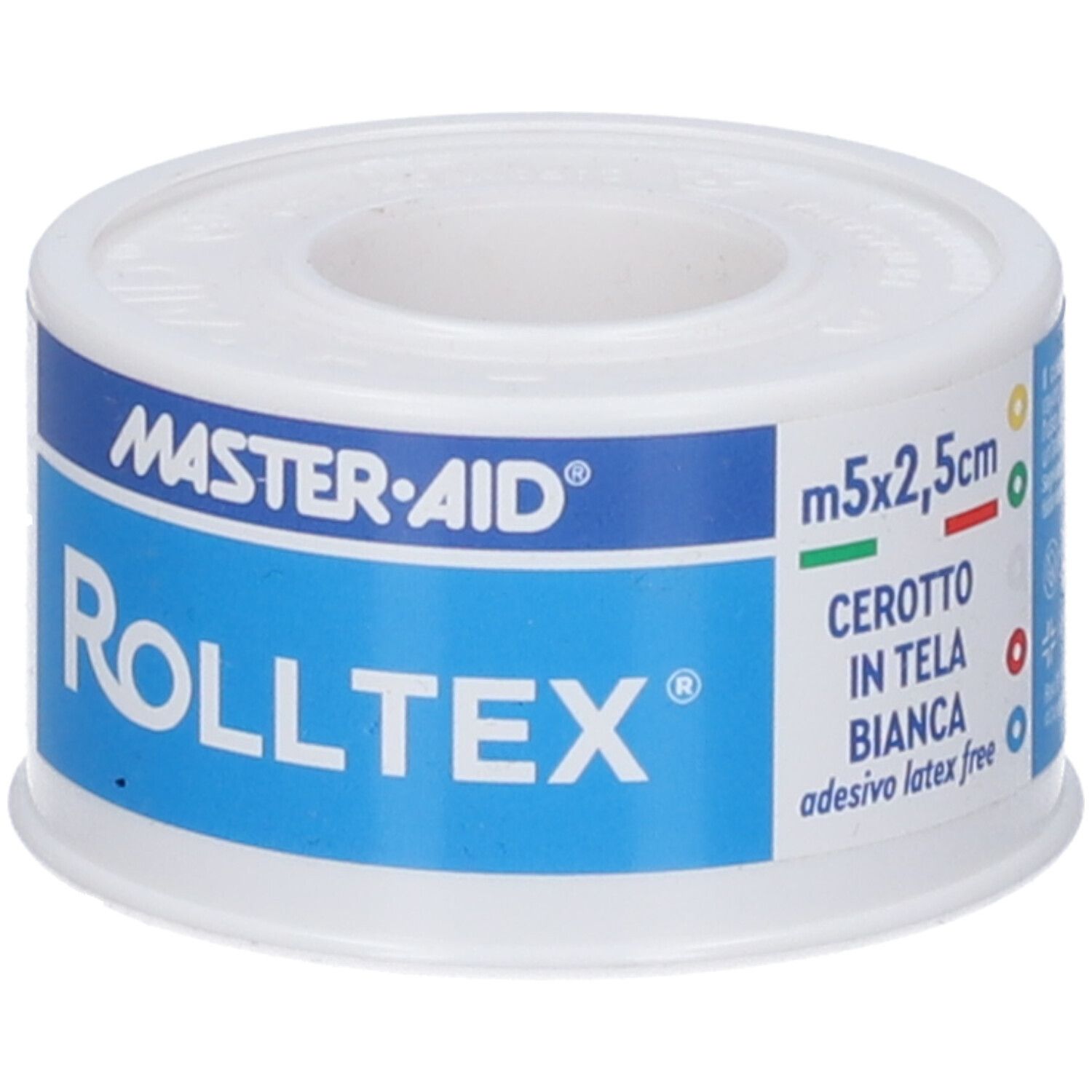 Master-Aid Rolltex: weiße Rolle mit blauem und weißem Etikett, "Cerotto in tela bianca".