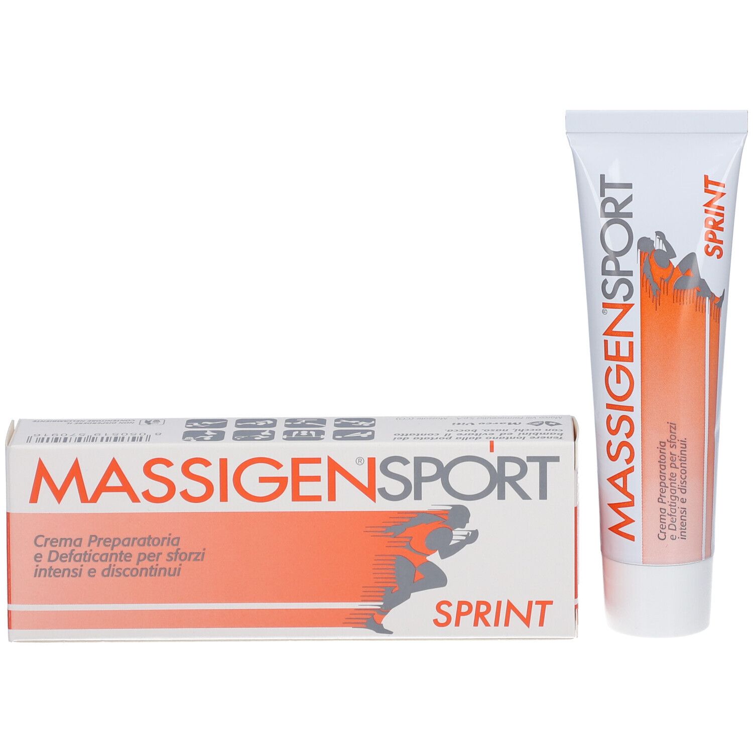 Tubo e scatola di Massigen Sport Sprint. La scatola mostra il nome del prodotto e una grafica arancione. Testo in italiano.