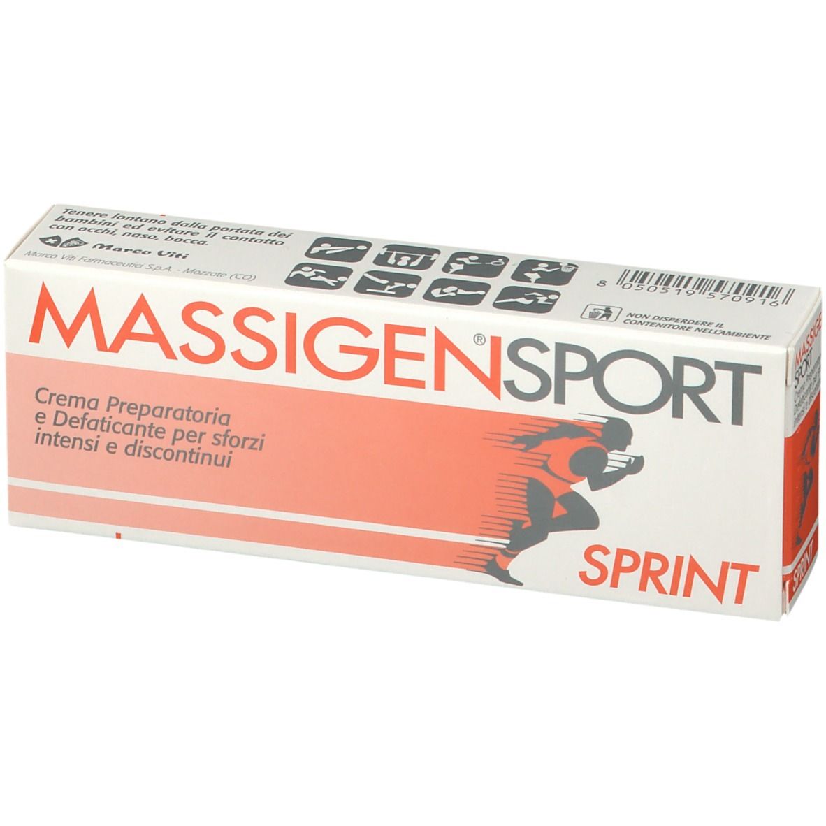 Scatola Massigen Sport Sprint. Bianca con striscia arancione e nome del prodotto. Contiene testo in italiano.