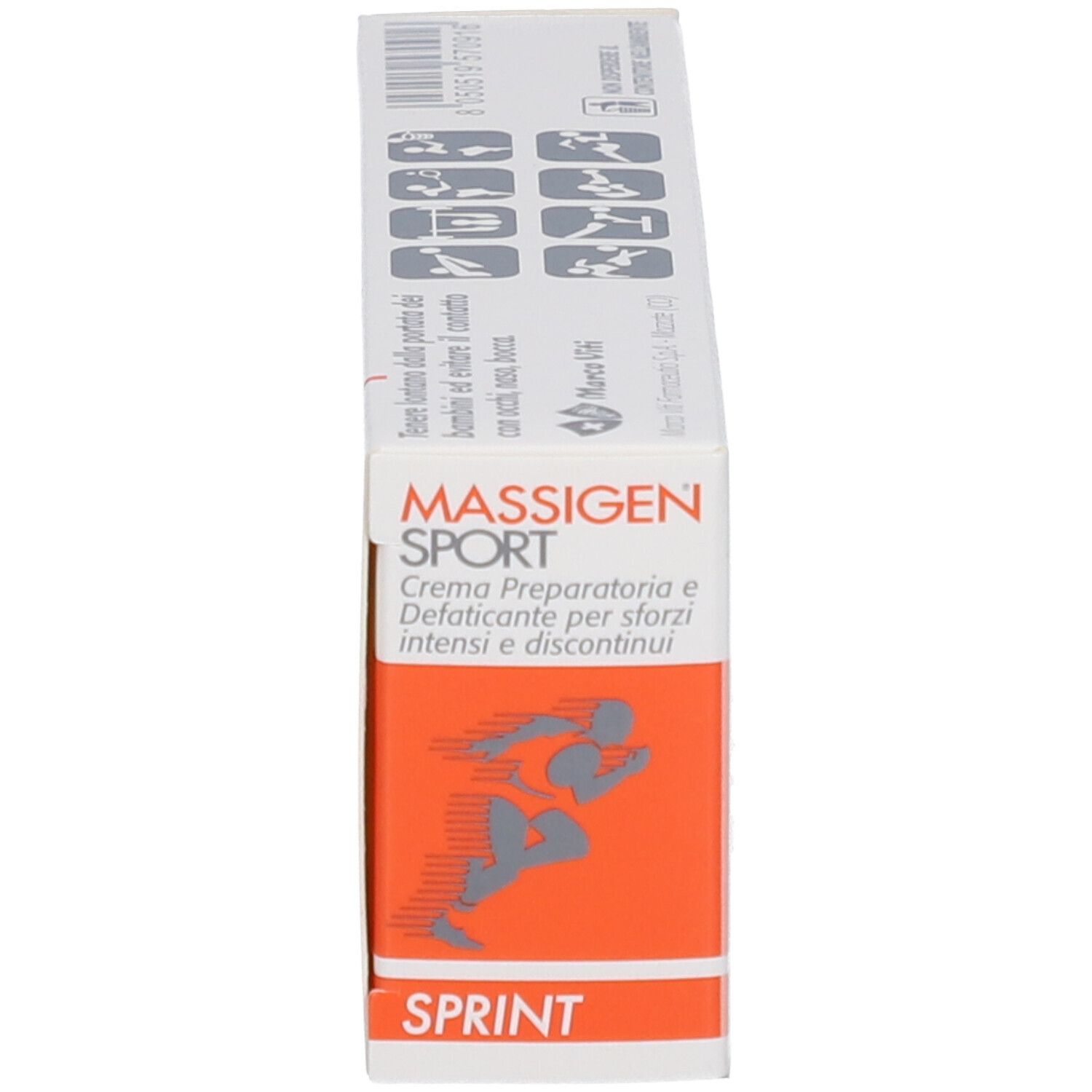 Scatola Massigen Sport Sprint. Vista laterale. Bianco con striscia arancione e nome del prodotto. Testo in italiano.