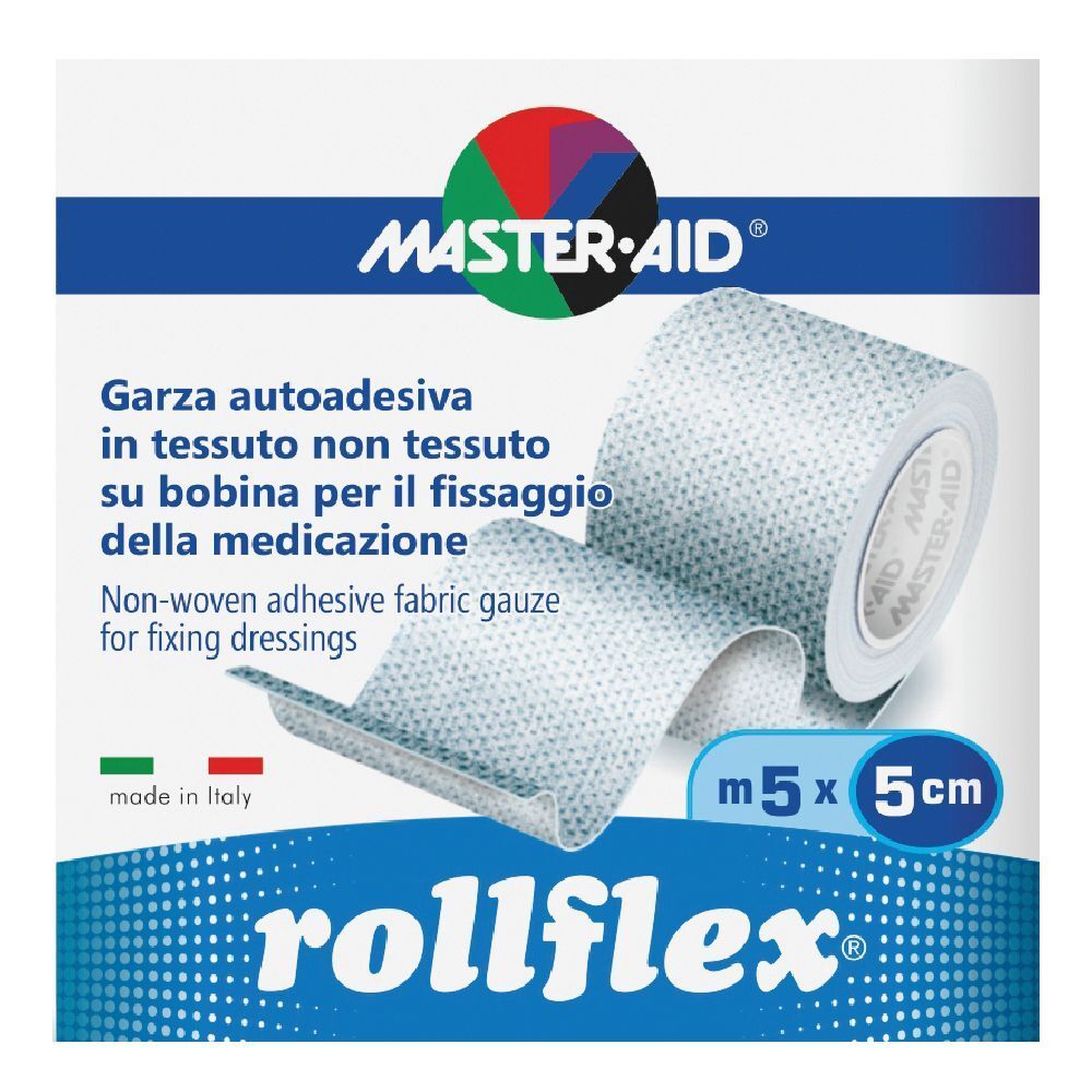 Garza autoadesiva in rotolo. Marchio Master-Aid, rollflex. Dimensioni 5 m x 5 cm. Made in Italy. Confezione.