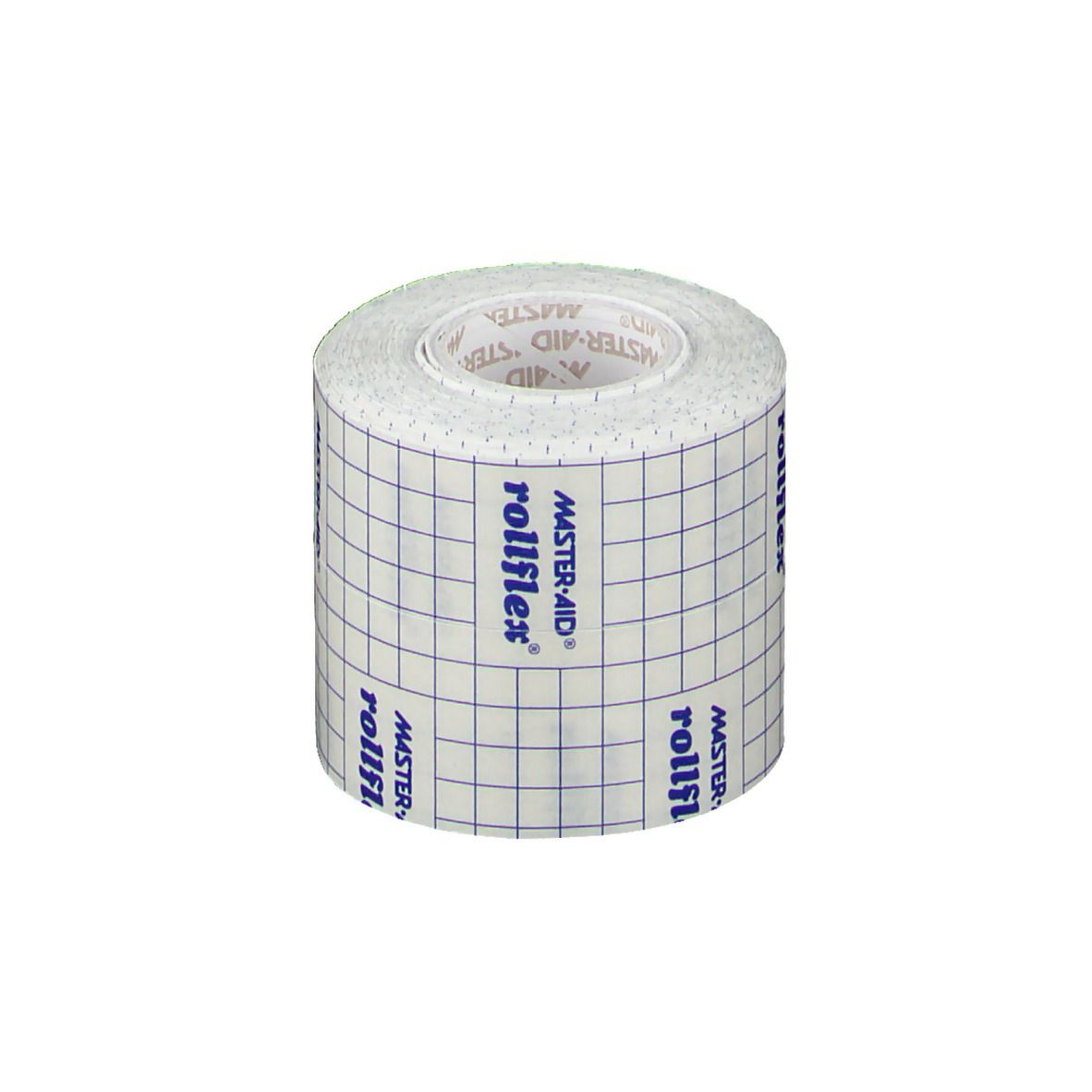 Rotolo di garza autoadesiva. Marchio rollflex, Master-Aid. Motivo a quadretti. Scritte: rollflex, Master-Aid.
