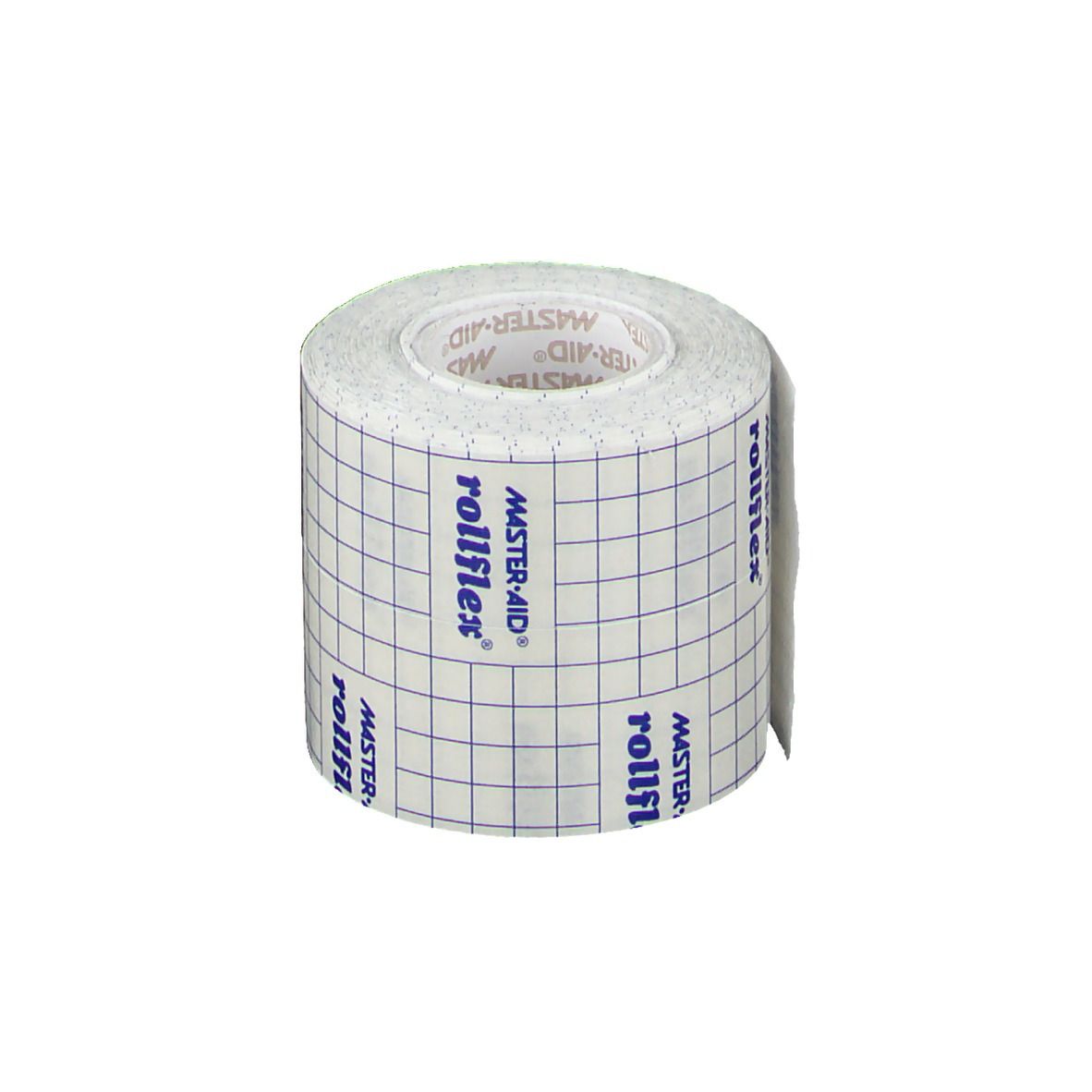 Rotolo di garza autoadesiva. Marchio rollflex, Master-Aid. Motivo a quadretti. Scritte: rollflex, Master-Aid.