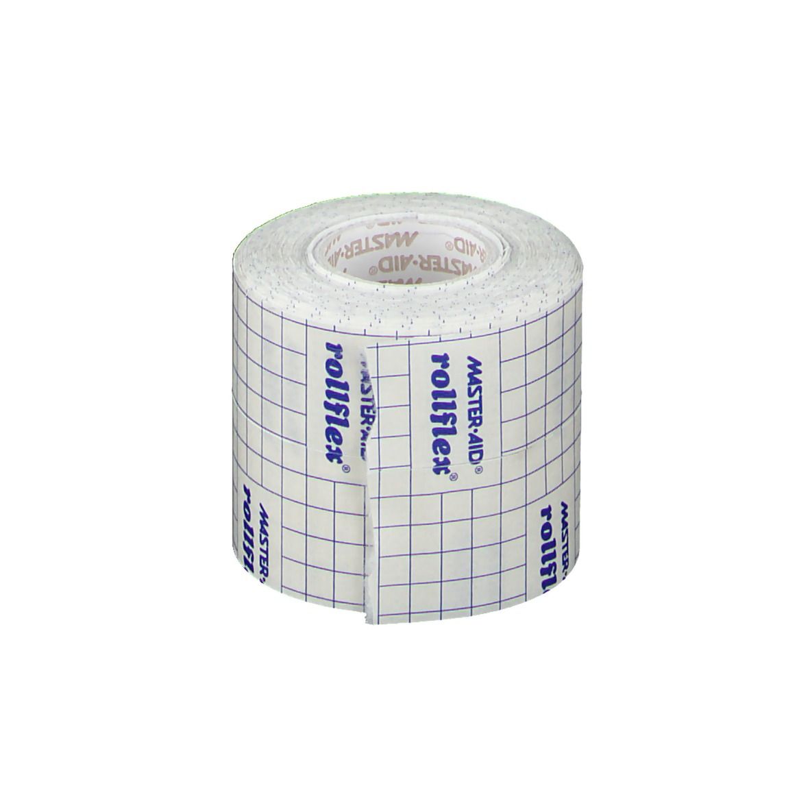 Rotolo di garza autoadesiva. Marchio rollflex, Master-Aid. Motivo a quadretti. Scritte: rollflex, Master-Aid.