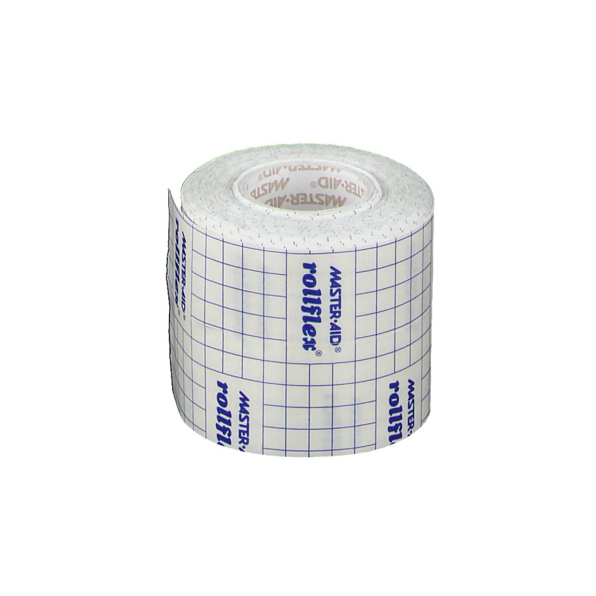 Rotolo di garza autoadesiva. Marchio rollflex, Master-Aid. Motivo a quadretti. Scritte: rollflex, Master-Aid.
