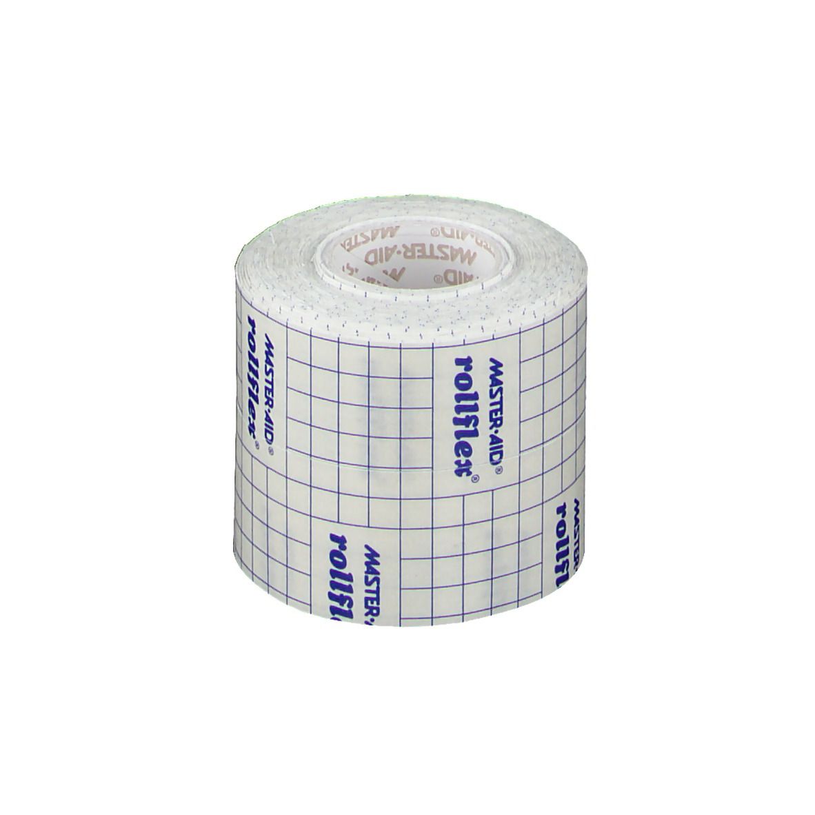 Rotolo di garza autoadesiva. Marchio rollflex, Master-Aid. Motivo a quadretti. Scritte: rollflex, Master-Aid.