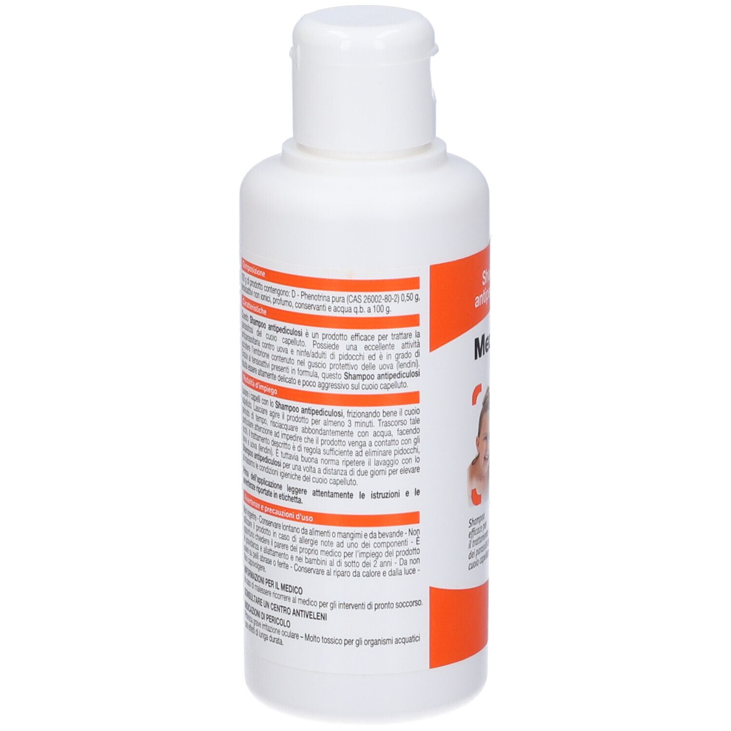 Weiße Flasche mit orangefarbenem Etikett, darauf "Mediker a.P. Shampoo antipidiculosi".
