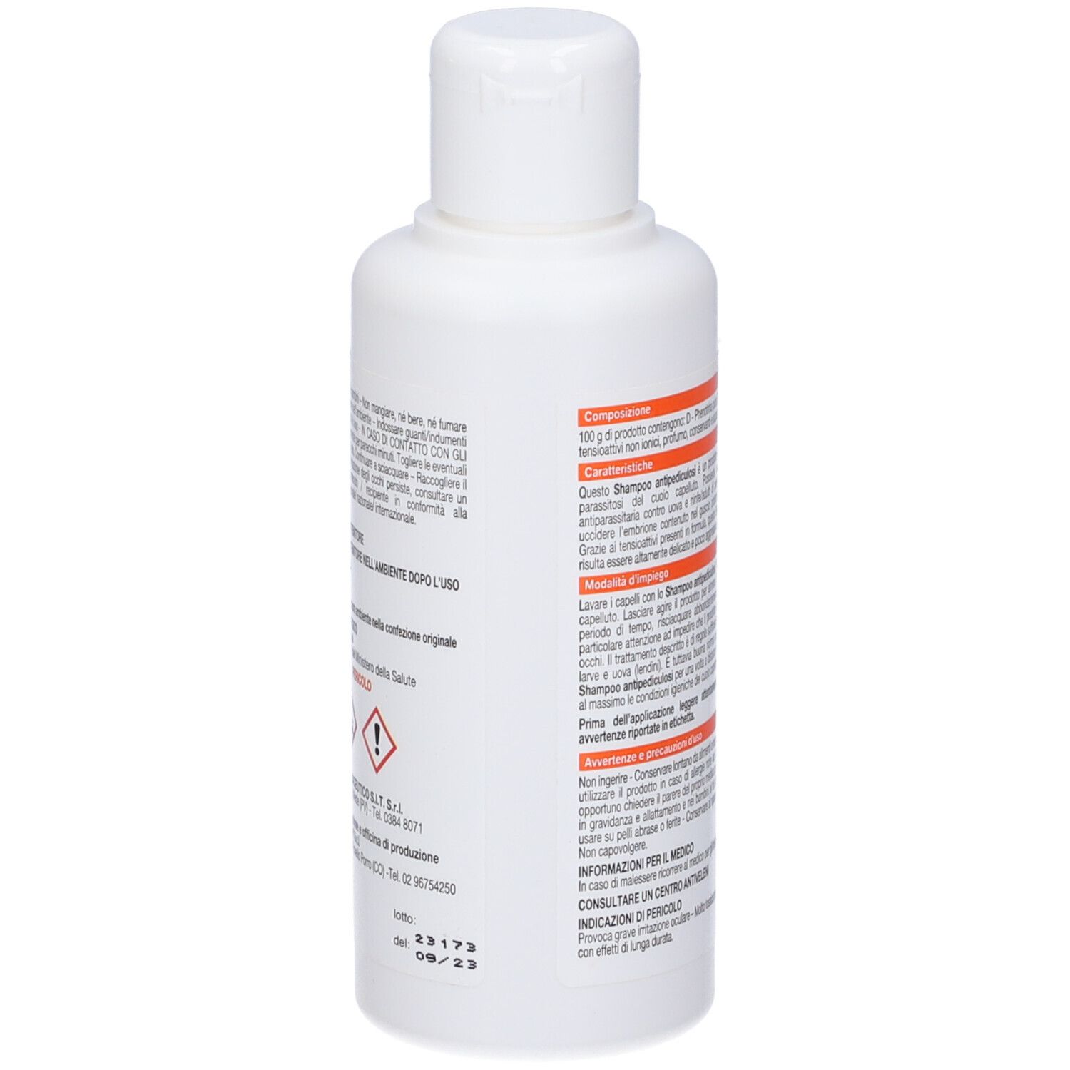 Weiße Flasche mit orangefarbenem Etikett, darauf "Mediker a.P. Shampoo antipidiculosi".