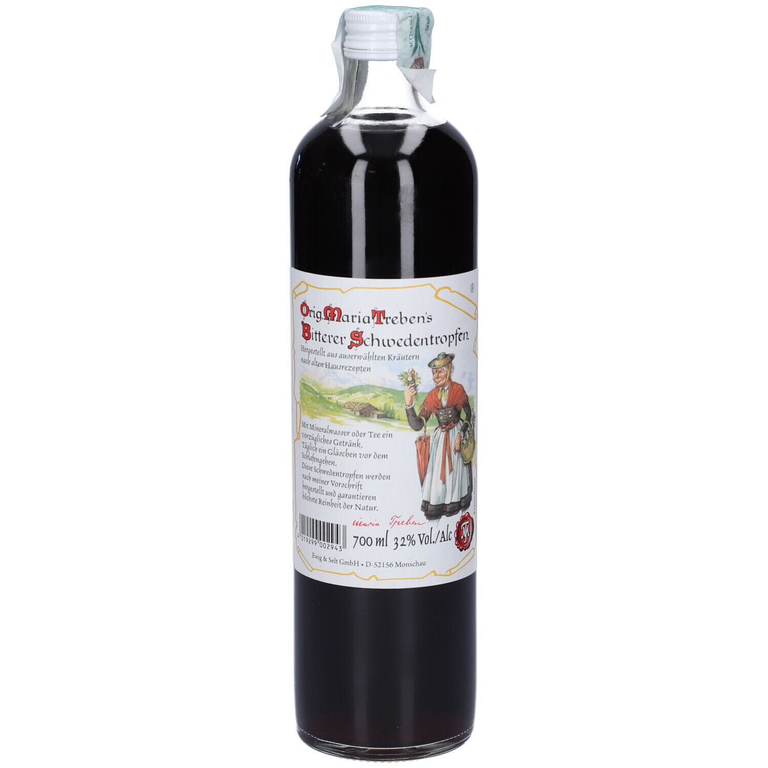 Maria Treben Bitterer Schwedentropfen in Glasflasche, 700ml, 32% Vol. Alk., mit Abbildung einer Frau.
