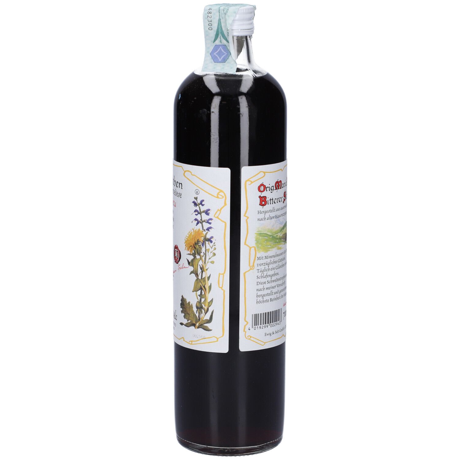 Maria Treben Goccia Amara Schwedenbitter Tropfen in Glasflasche, Rückseite mit Kräuterabbildungen.