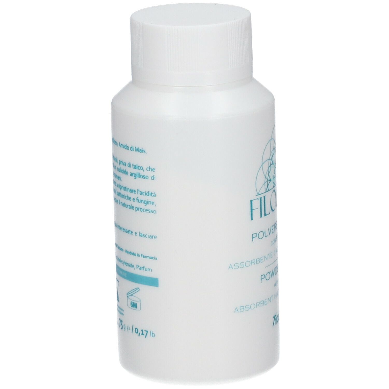 Flacone bianco, vista laterale. Scritta: Filoderm, polvere senza talco, con argilla. Logo. Ingredienti.