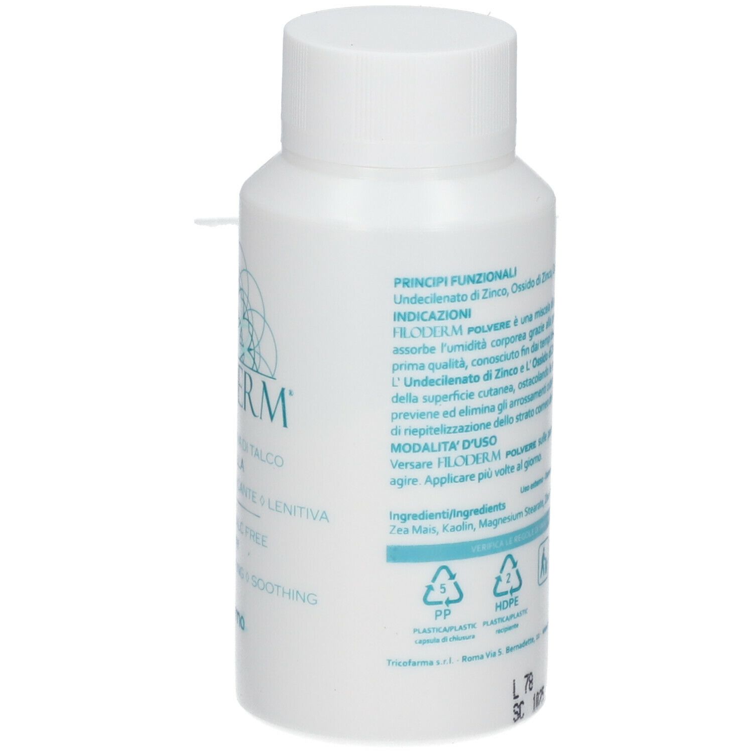 Flacone bianco, vista laterale. Scritta: Filoderm, polvere senza talco, con argilla. Logo. Modalità d'uso.