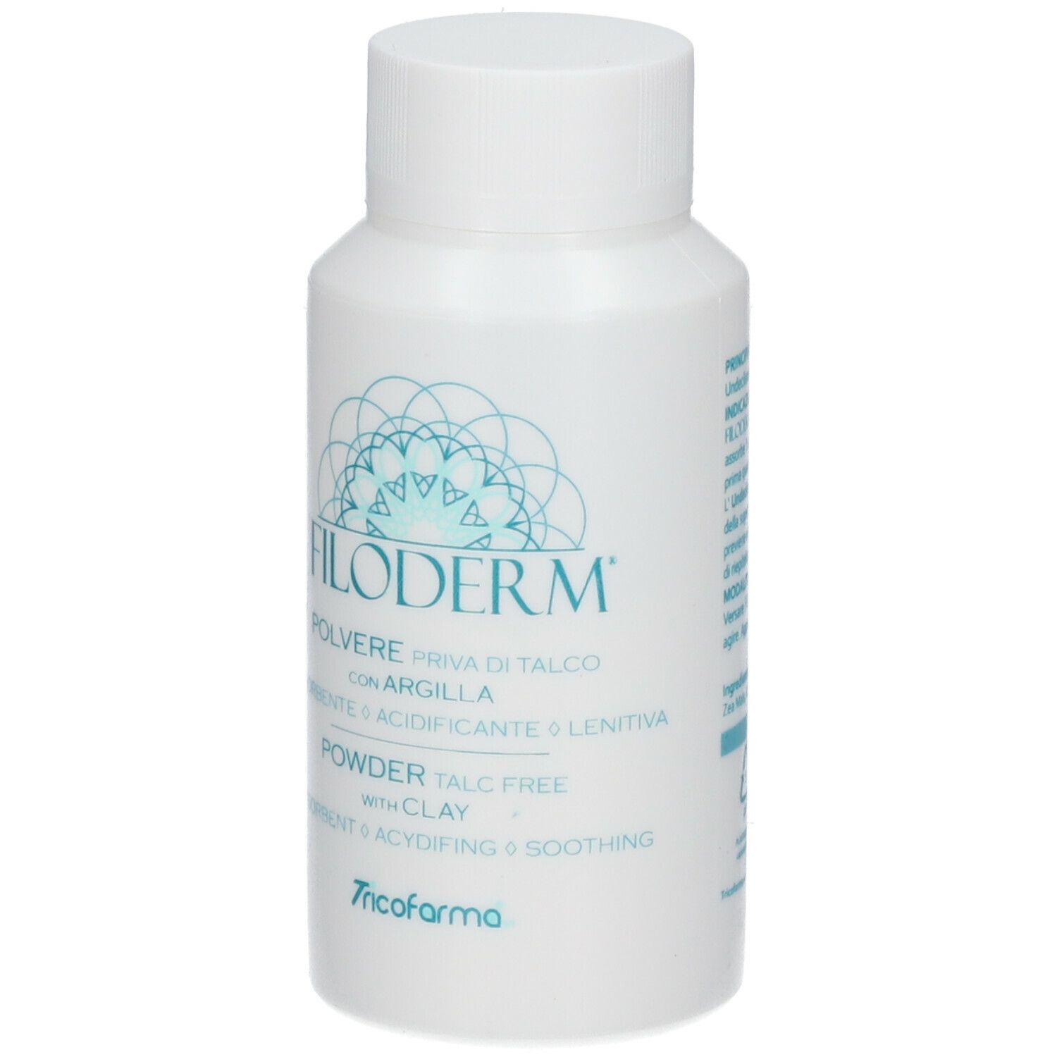 Flacone bianco con tappo a vite. Scritta: Filoderm, polvere senza talco, con argilla. Logo.