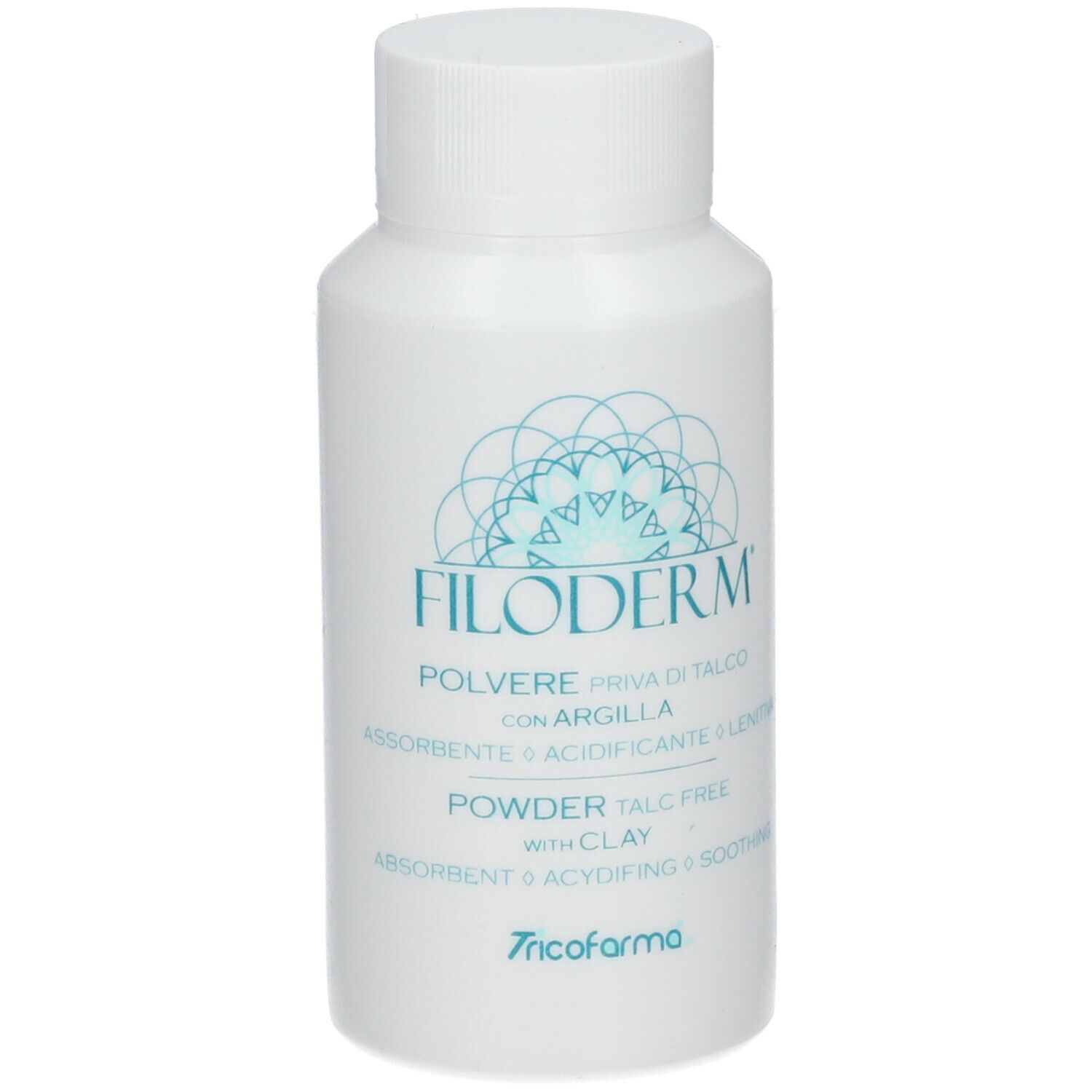 Flacone bianco con tappo a vite. Scritta: Filoderm, polvere senza talco, con argilla. Logo.