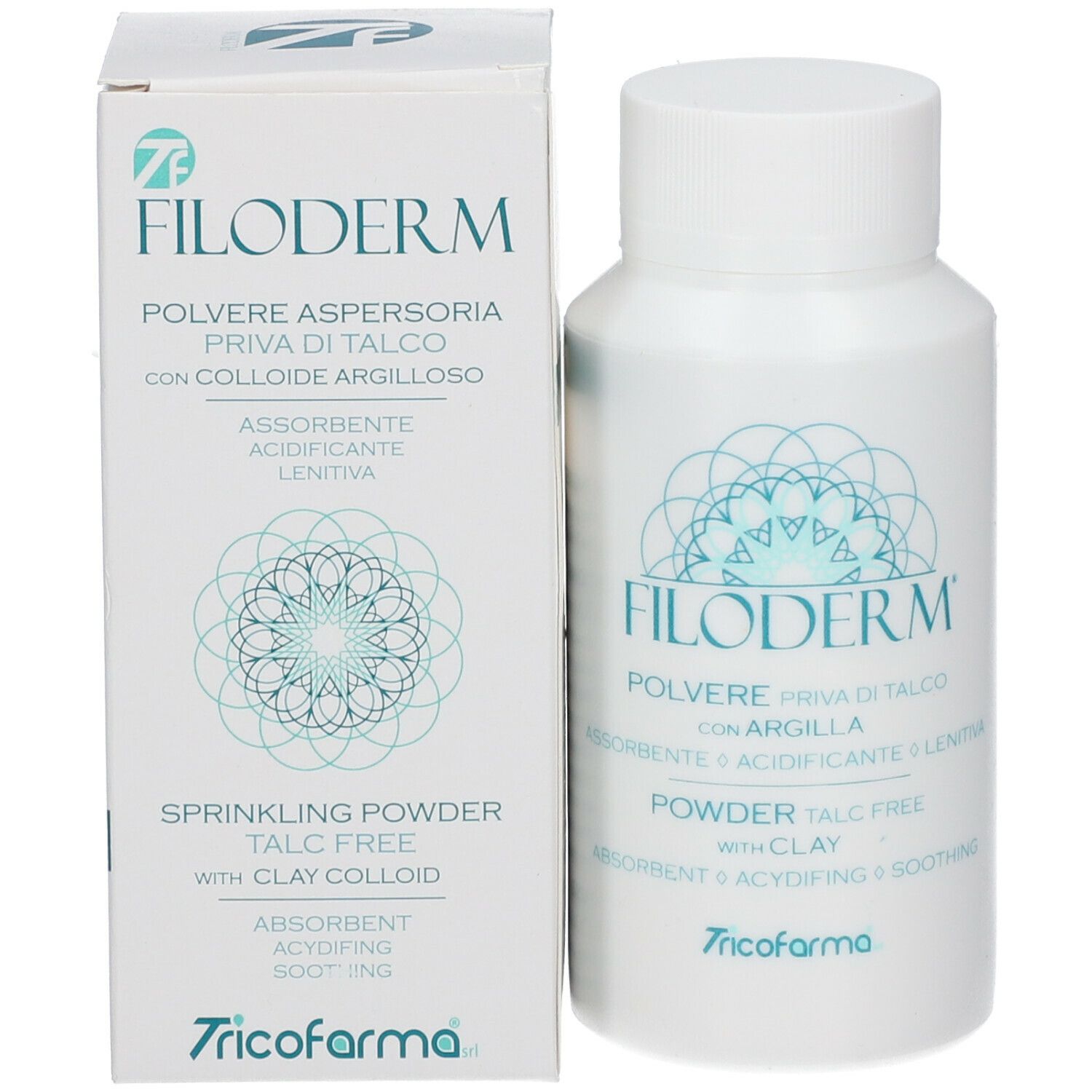 Confezione e flacone del prodotto. Scritta: Filoderm, polvere senza talco, con argilla. Logo. Confezione bianca.