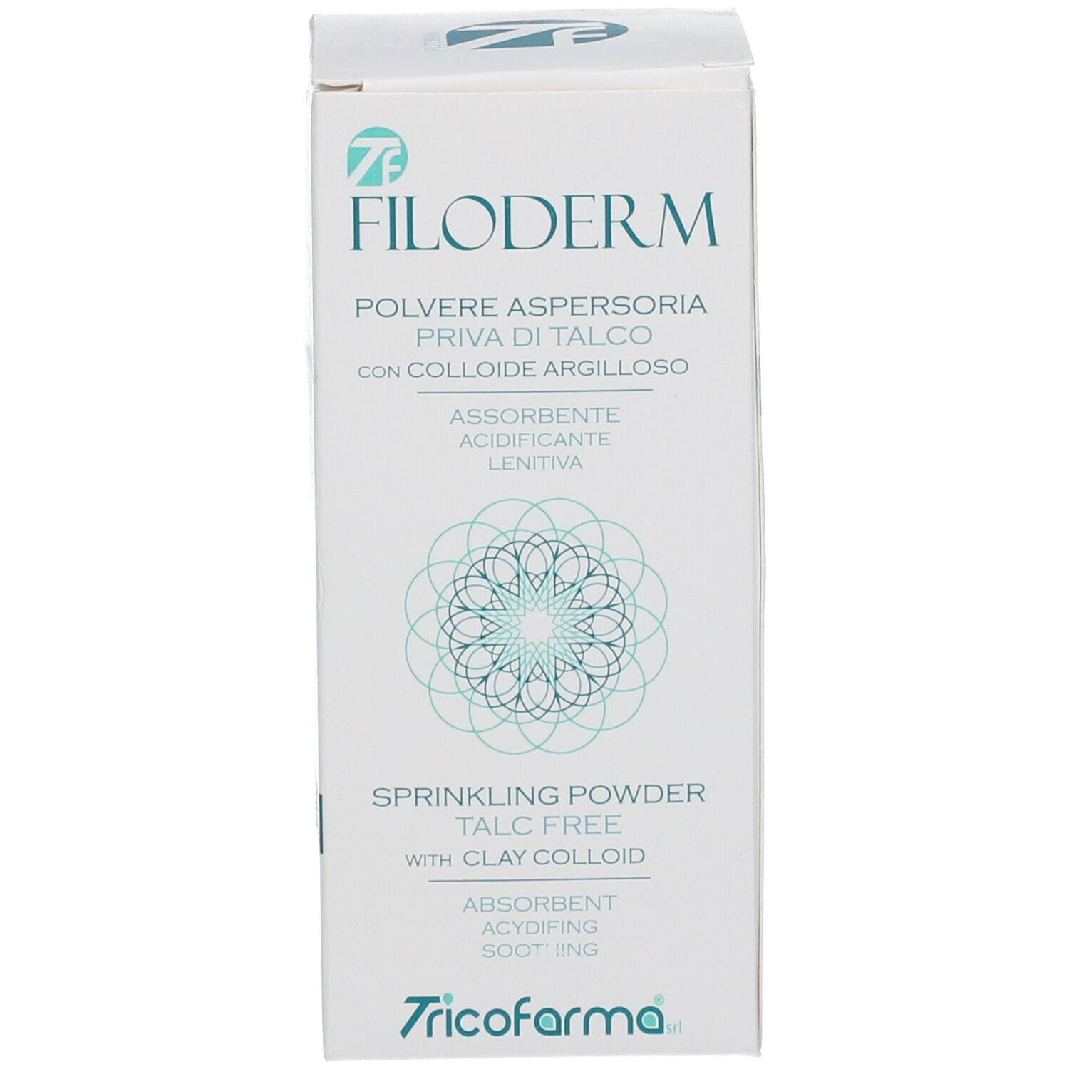 Confezione bianca del prodotto. Scritta: Filoderm, polvere senza talco, con argilla. Logo. Testo.
