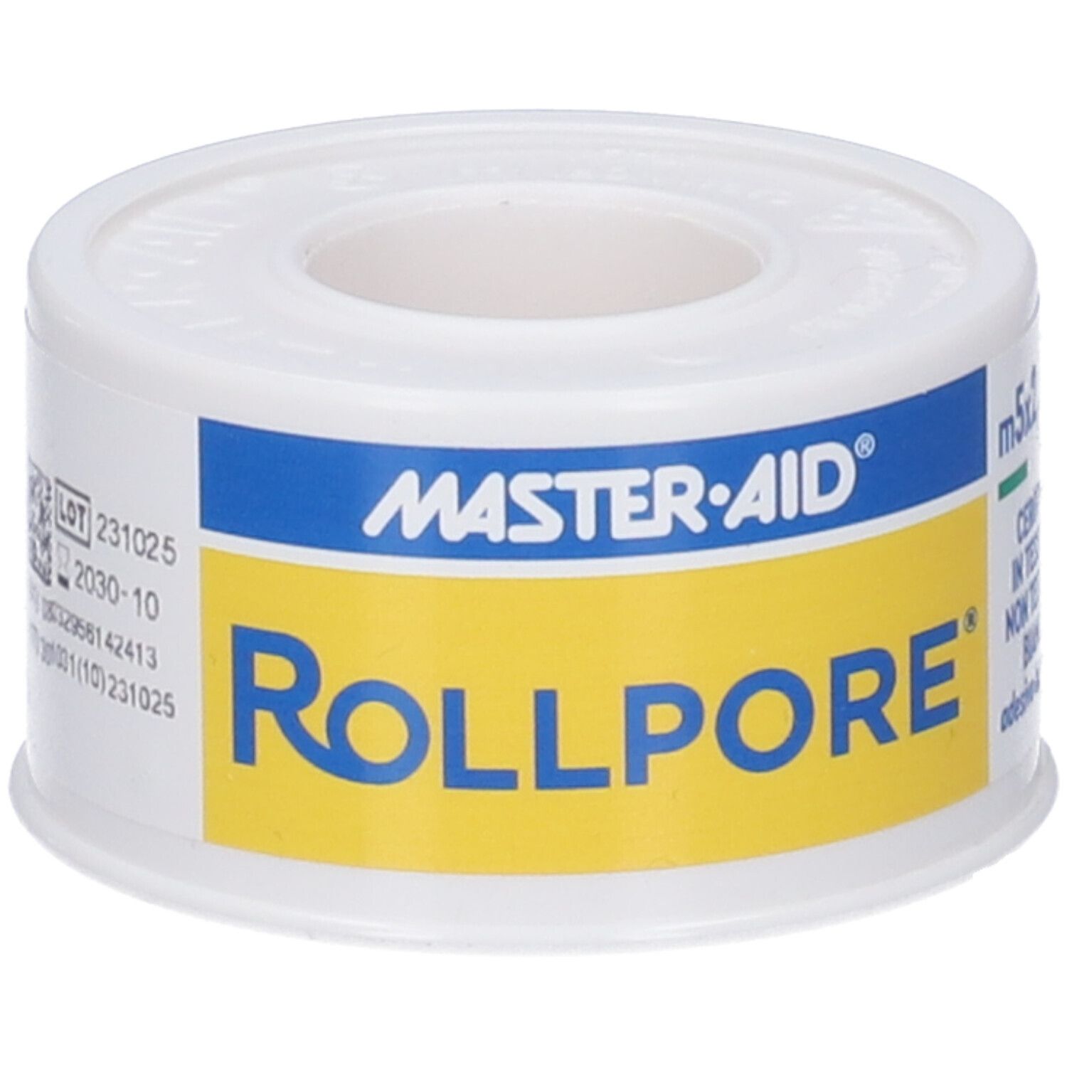 Rolle MASTER-AID Rollpore, weißes Pflaster. Gelbes Etikett mit blauer Schrift. Aufschrift: Rollpore, MASTER-AID.