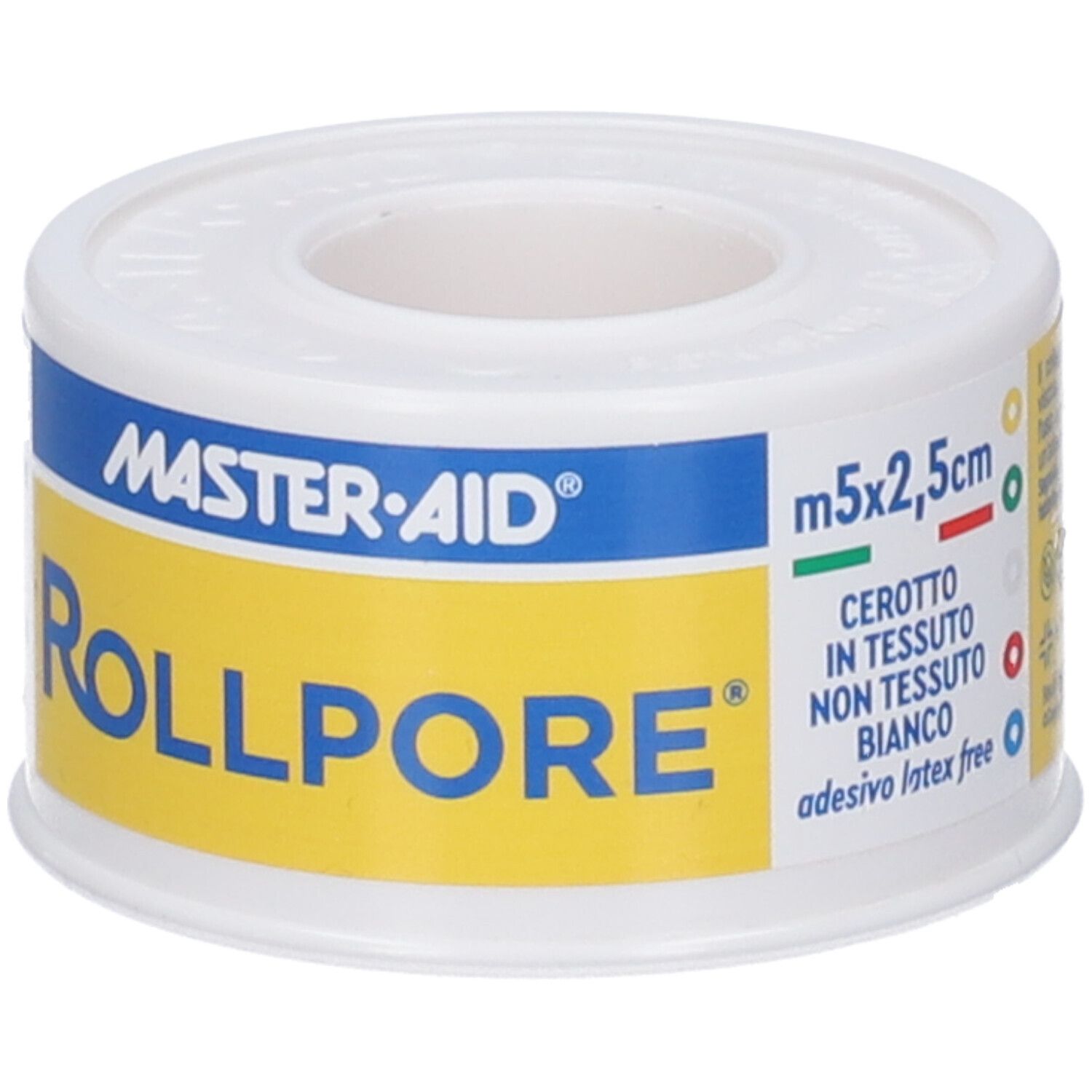 Rolle MASTER-AID Rollpore, weißes Pflaster. Aufschrift: Rollpore, m5x2,5cm, cerotto in tessuto non tessuto bianco.