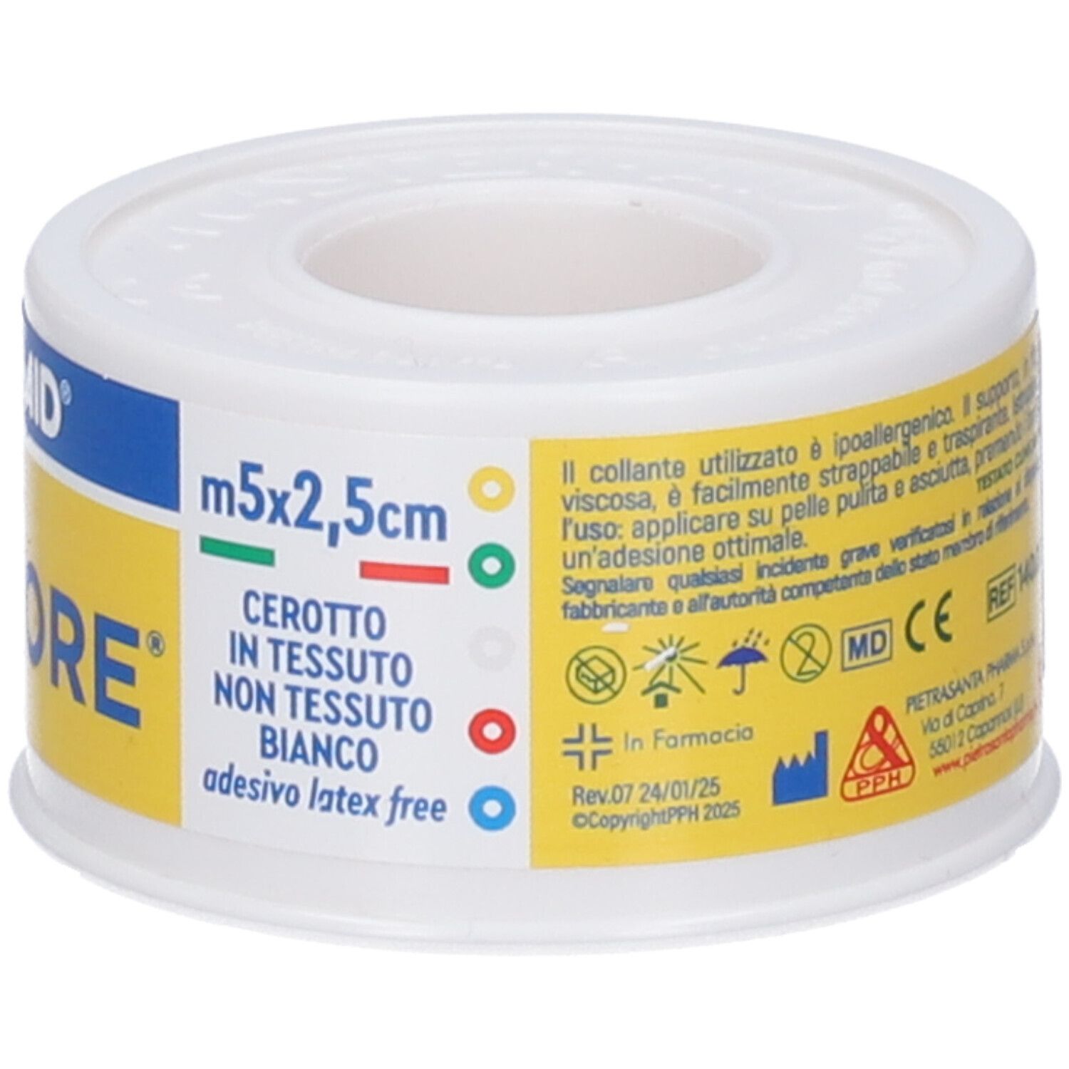 Rolle MASTER-AID Rollpore, weißes Pflaster. Text und Symbole auf der Seite. Aufschrift: Rollpore, m5x2,5cm.