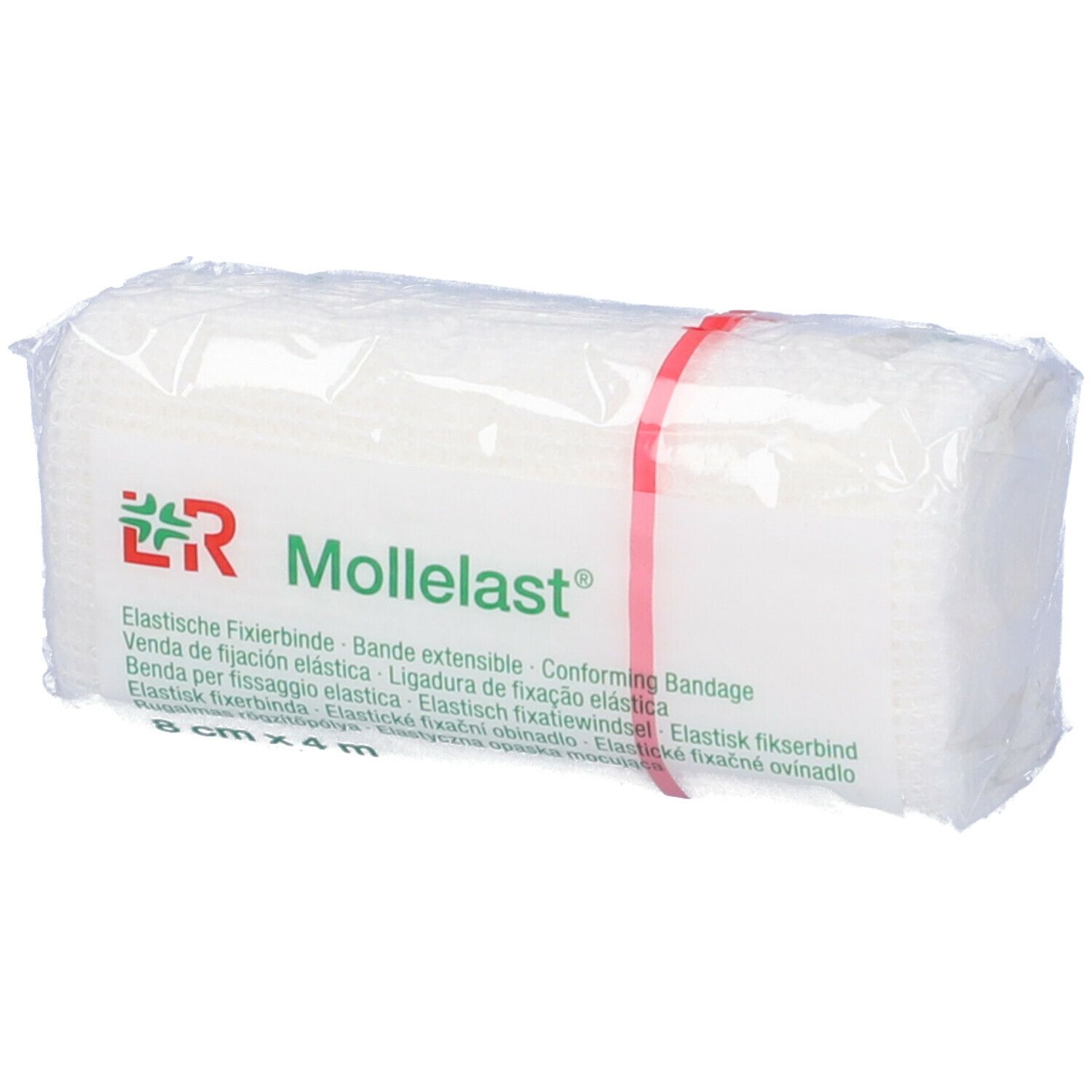 Benda elastica di fissaggio Mollelast, 8 cm x 4 m, confezionata. Striscia rossa. Nome e logo del prodotto visibili.