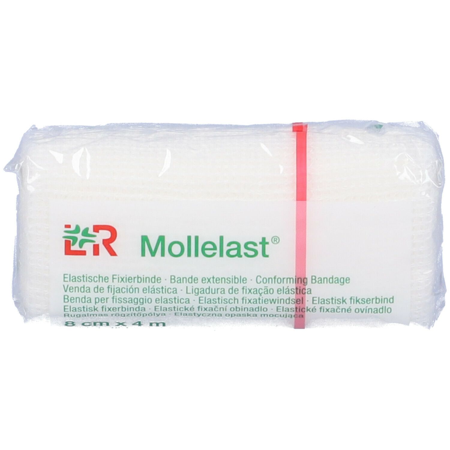 Benda elastica di fissaggio Mollelast, 8 cm x 4 m, confezionata. Striscia rossa. Nome e logo del prodotto visibili.