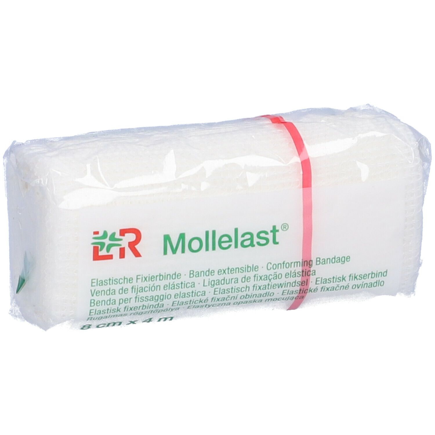Benda elastica di fissaggio Mollelast, 8 cm x 4 m, confezionata. Striscia rossa. Nome e logo del prodotto visibili.