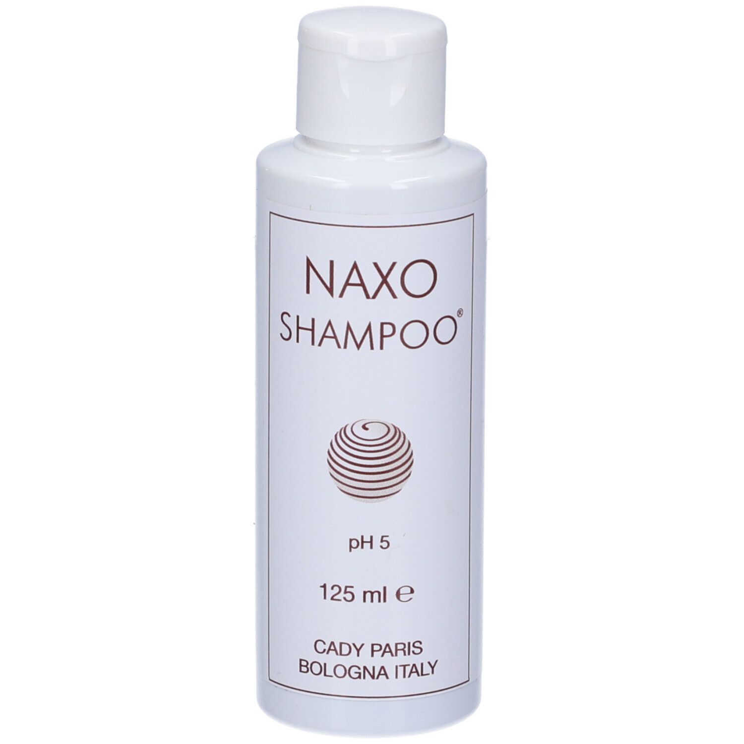 Shampoo bianco con scritta: Naxo Shampoo, pH 5, 125 ml. Prodotto a Bologna, Italia. Tappo bianco.