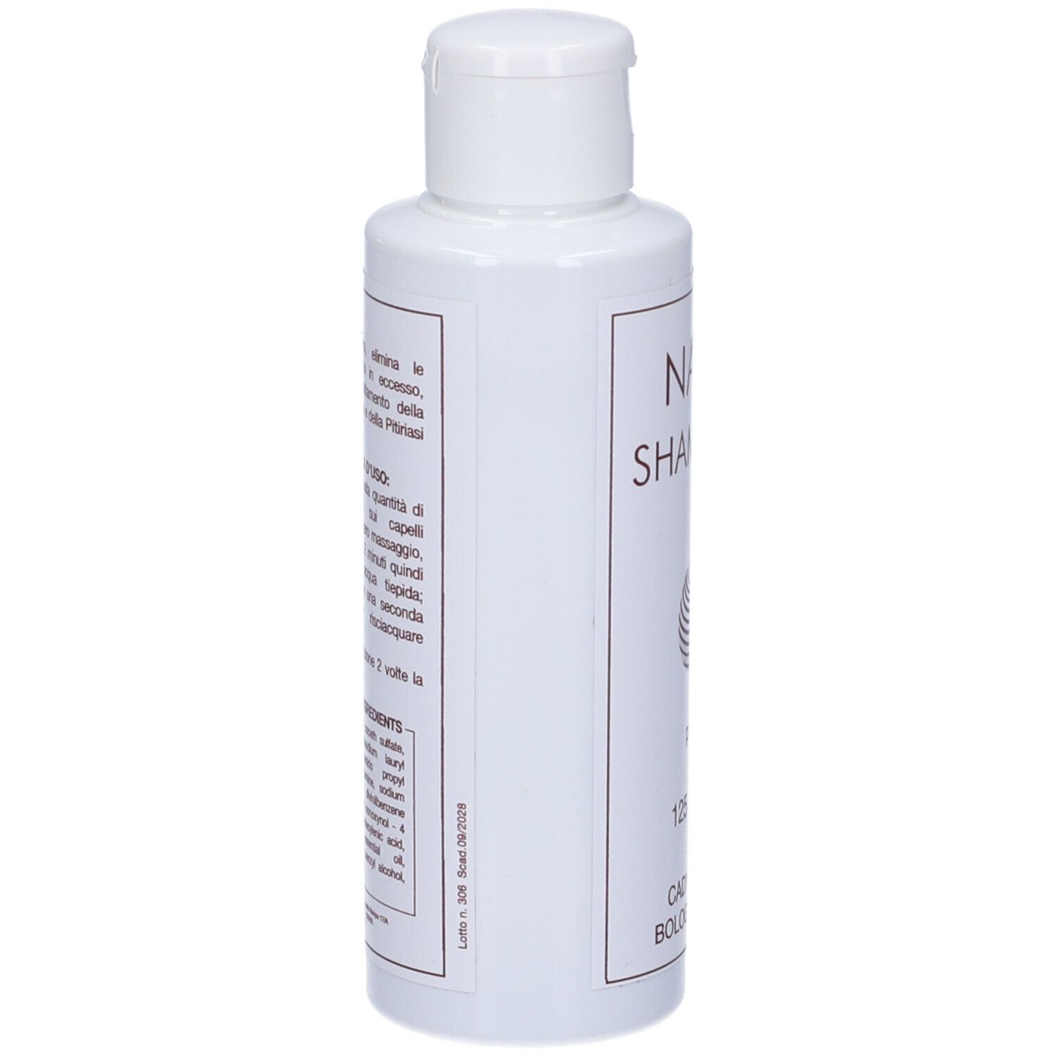 Shampoo bianco, vista laterale. Scritta: Naxo Shampoo, pH 5, 125 ml. Testo su ingredienti e uso.