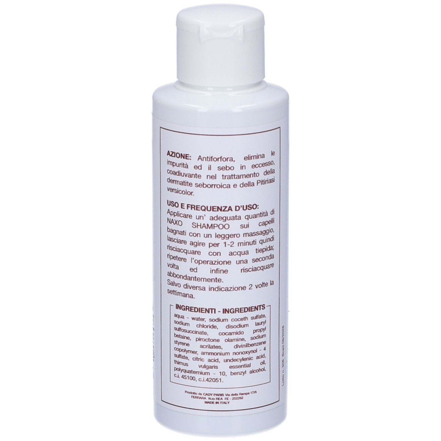 Shampoo bianco, vista posteriore. Testo su uso e ingredienti. Scritta: Naxo Shampoo, pH 5, 125 ml.