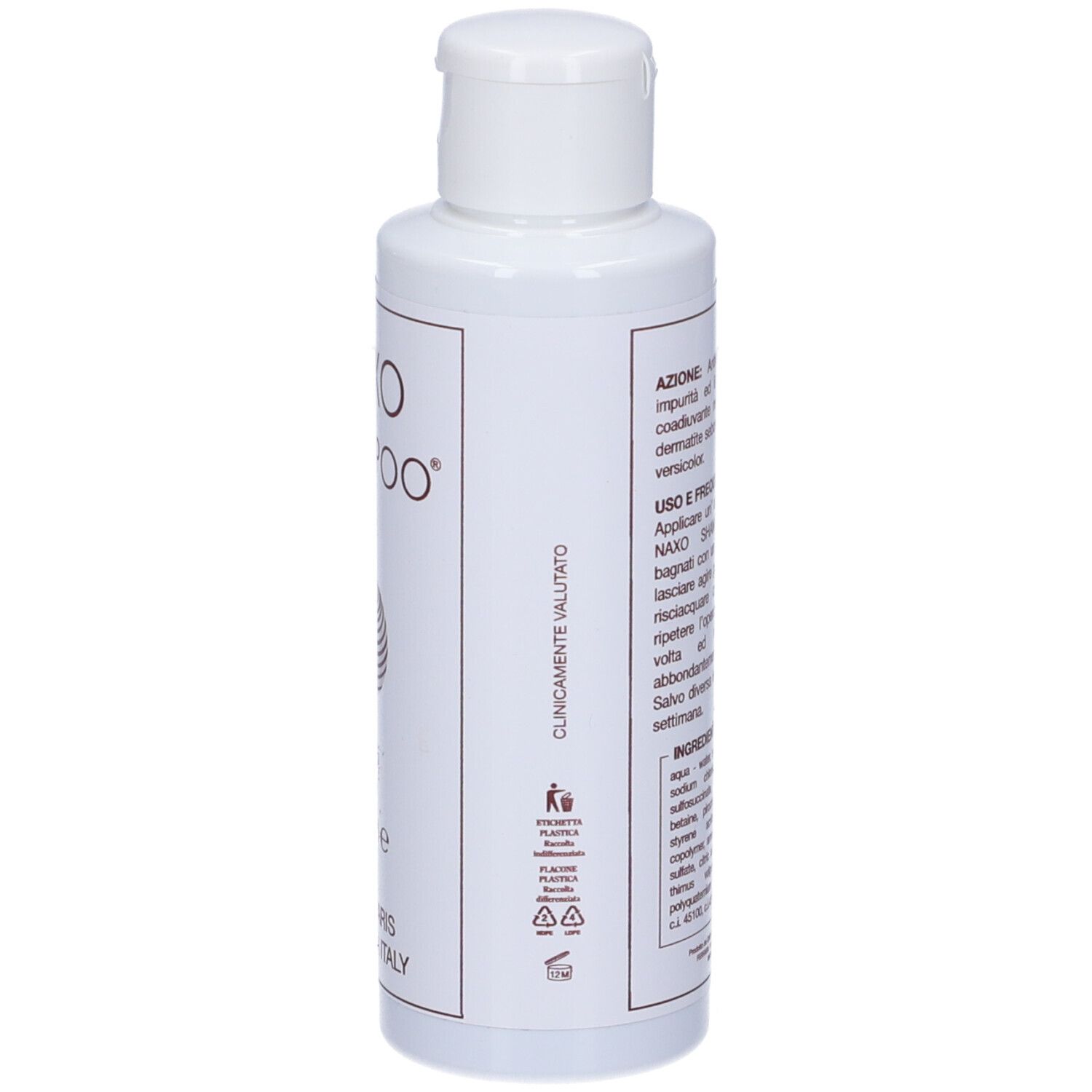 Shampoo bianco, vista laterale. Testo su uso e ingredienti. Scritta: Naxo Shampoo, pH 5, 125 ml.