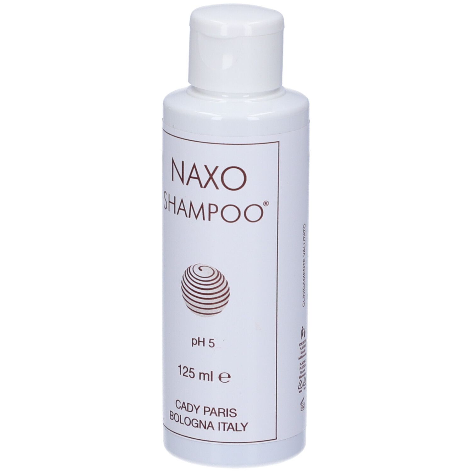 Shampoo bianco con scritta: Naxo Shampoo, pH 5, 125 ml. Prodotto a Bologna, Italia. Tappo bianco.