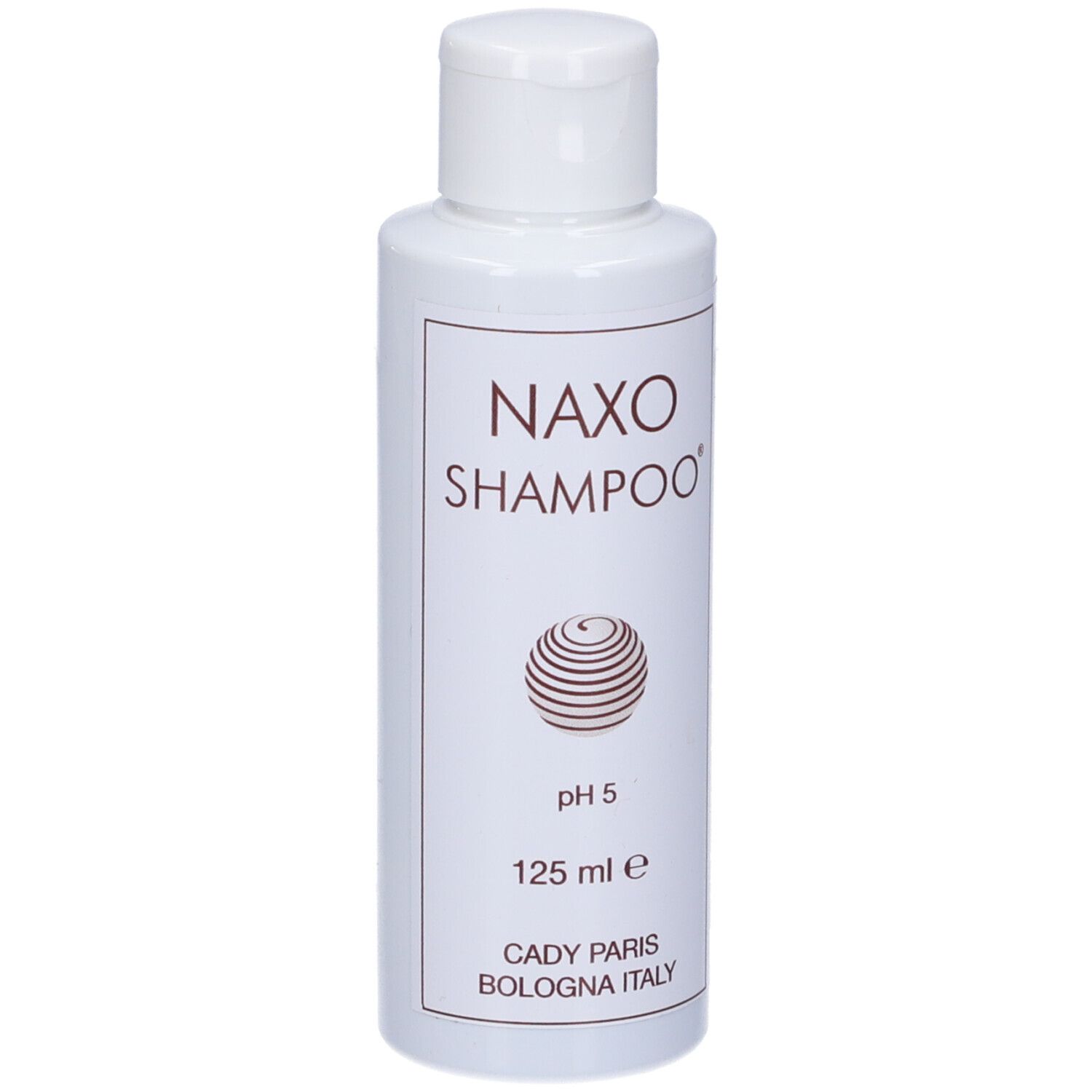 Shampoo bianco con scritta: Naxo Shampoo, pH 5, 125 ml. Prodotto a Bologna, Italia. Tappo bianco.