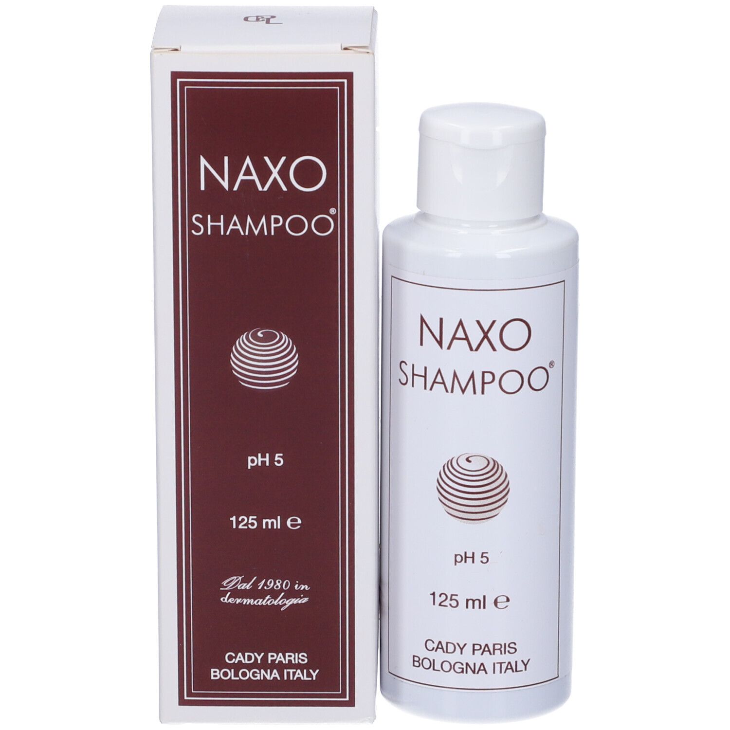 Shampoo bianco con confezione. Scritta: Naxo Shampoo, pH 5, 125 ml. Prodotto a Bologna, Italia. Cornice rossa.