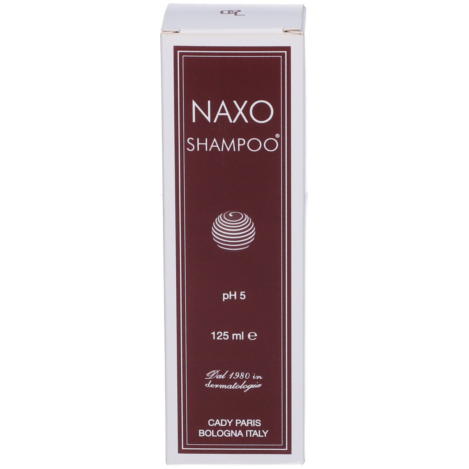 Confezione per shampoo. Scritta: Naxo Shampoo, pH 5, 125 ml. Prodotto a Bologna, Italia. Cornice rossa.