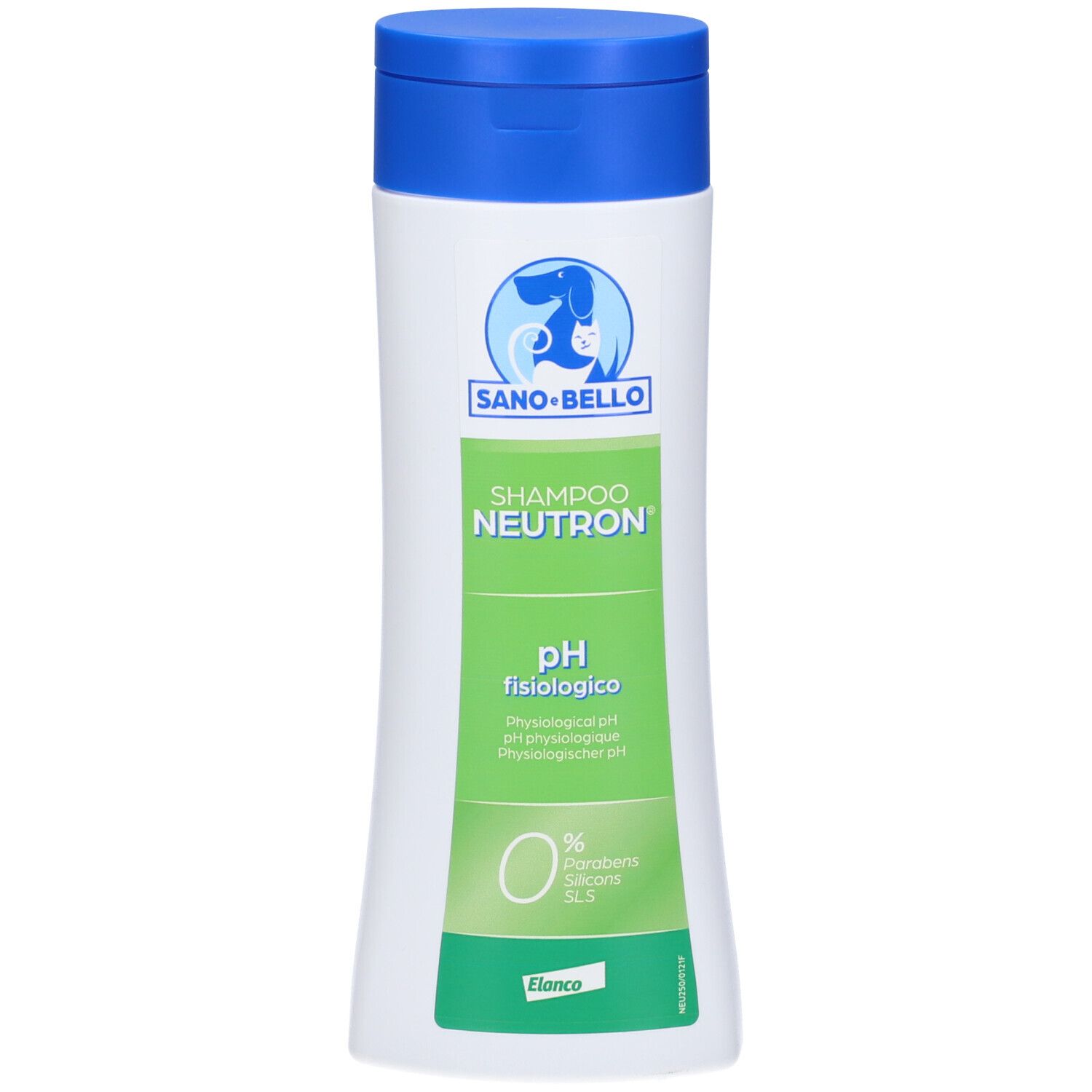 Flacone di shampoo bianco e blu. Scritta: Sano e Bello Shampoo Neuron pH Fisiologico. Logo cane e gatto.