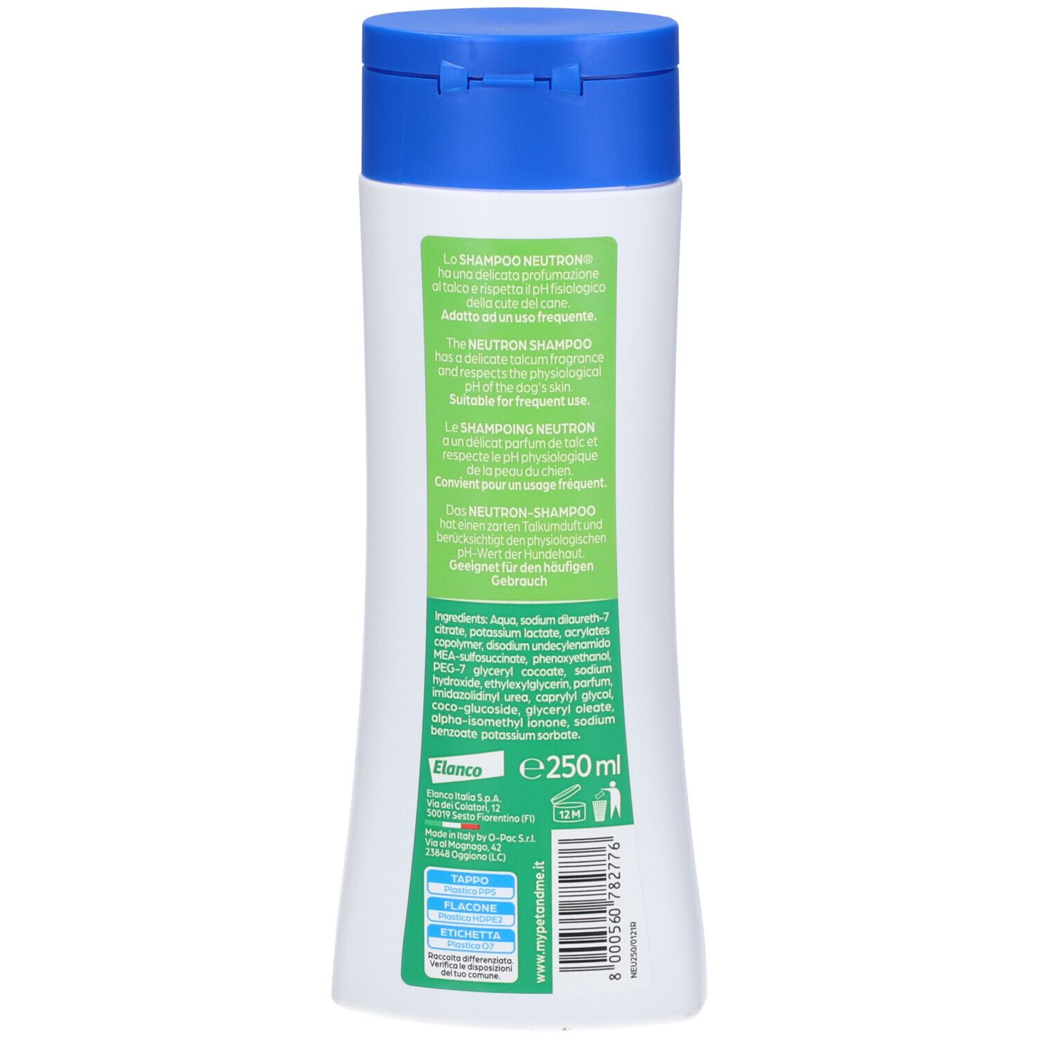 Retro del flacone di shampoo. Testo multilingue. Ingredienti e informazioni del produttore.
