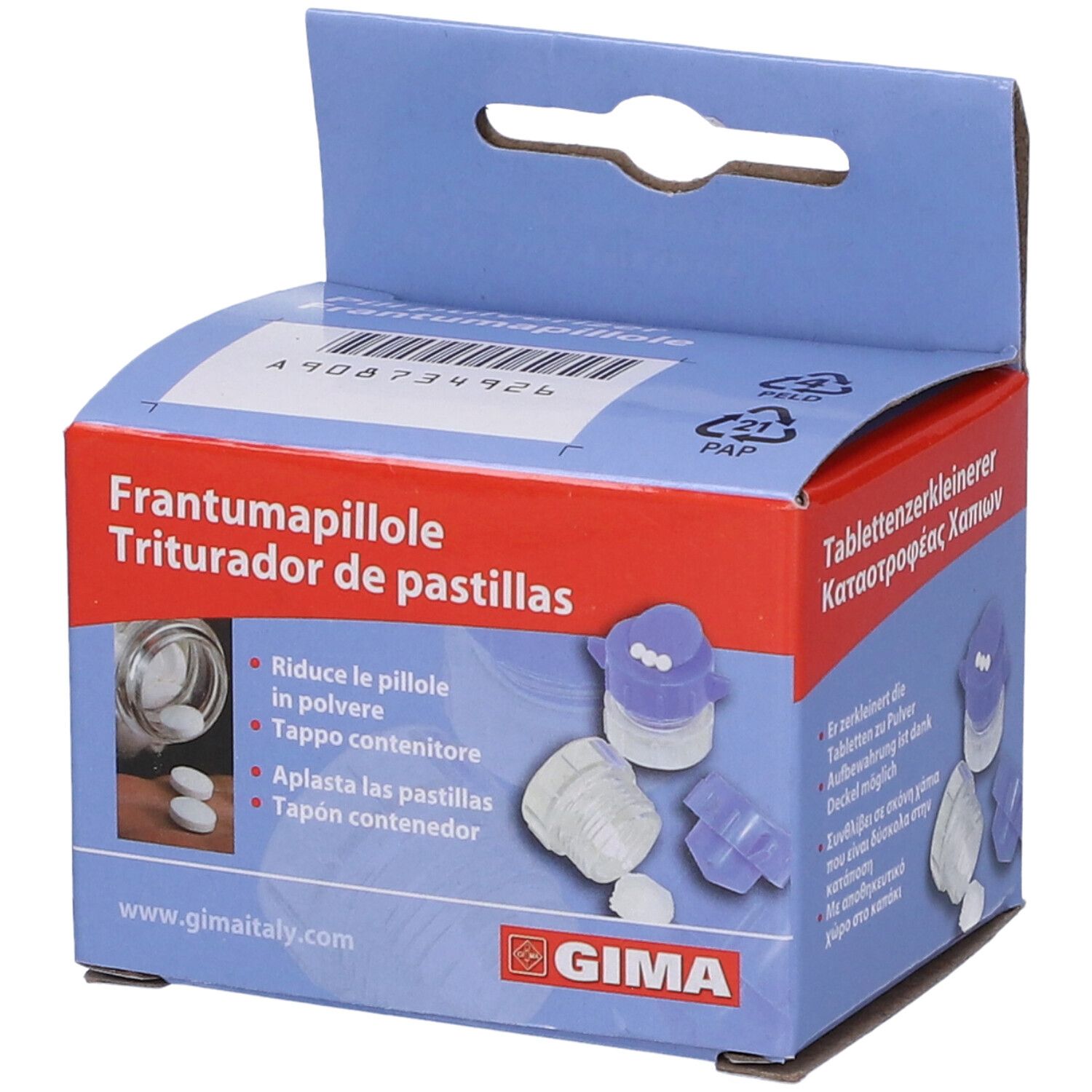 Confezione con immagine del prodotto e testo. Scritta: Frantumapillole. Marchio: GIMA. Immagine e testo del prodotto in più lingue.