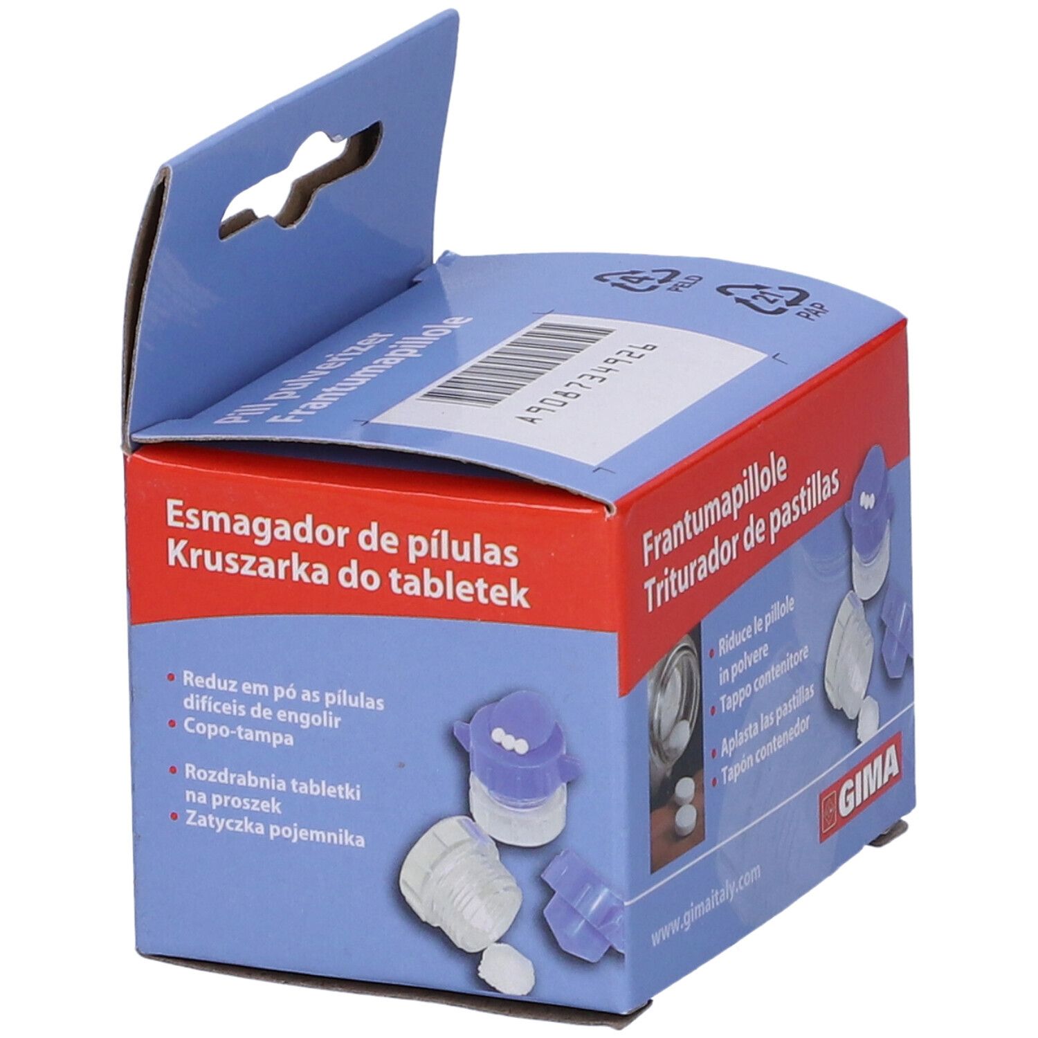 Confezione con immagine del prodotto e testo. Scritta: Esmagador de pílulas. Marchio: GIMA. Immagine e testo del prodotto in più lingue.