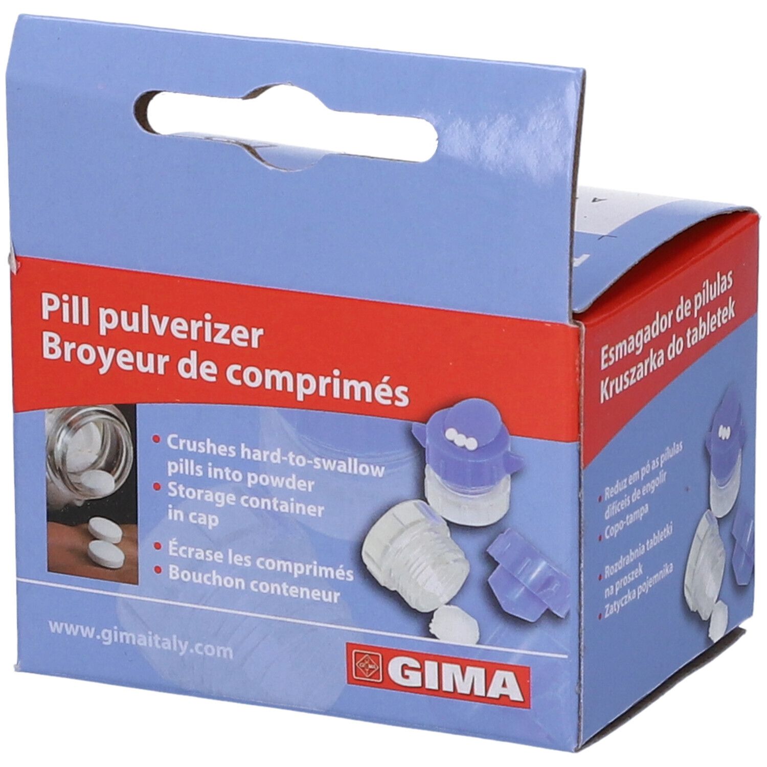 Confezione con immagine del prodotto e testo. Scritta: Pill pulverizer. Marchio: GIMA. Immagine e testo del prodotto in più lingue.