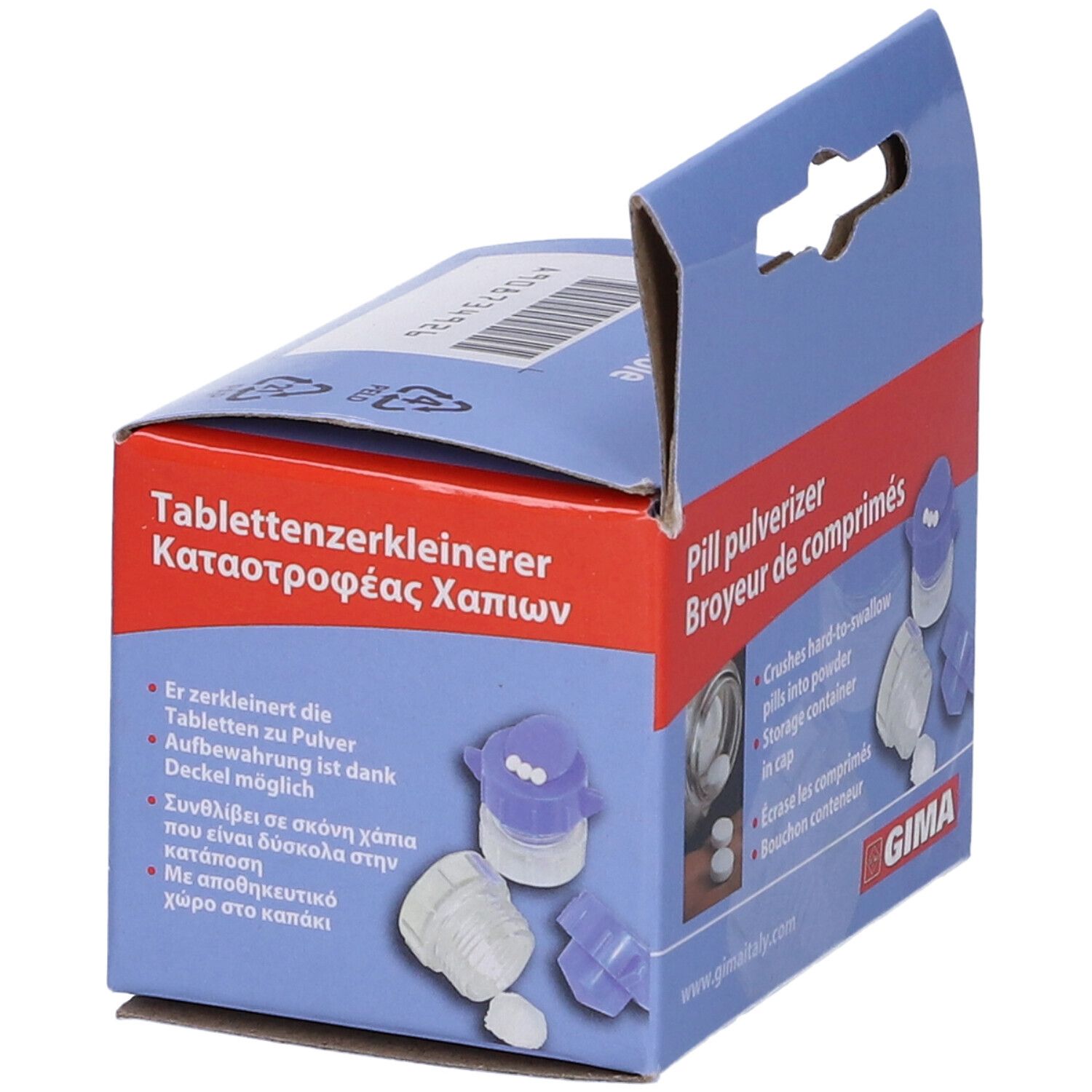 Confezione con immagine del prodotto e testo. Scritta: Tablettenzekleinerer. Marchio: GIMA. Immagine e testo del prodotto in più lingue.