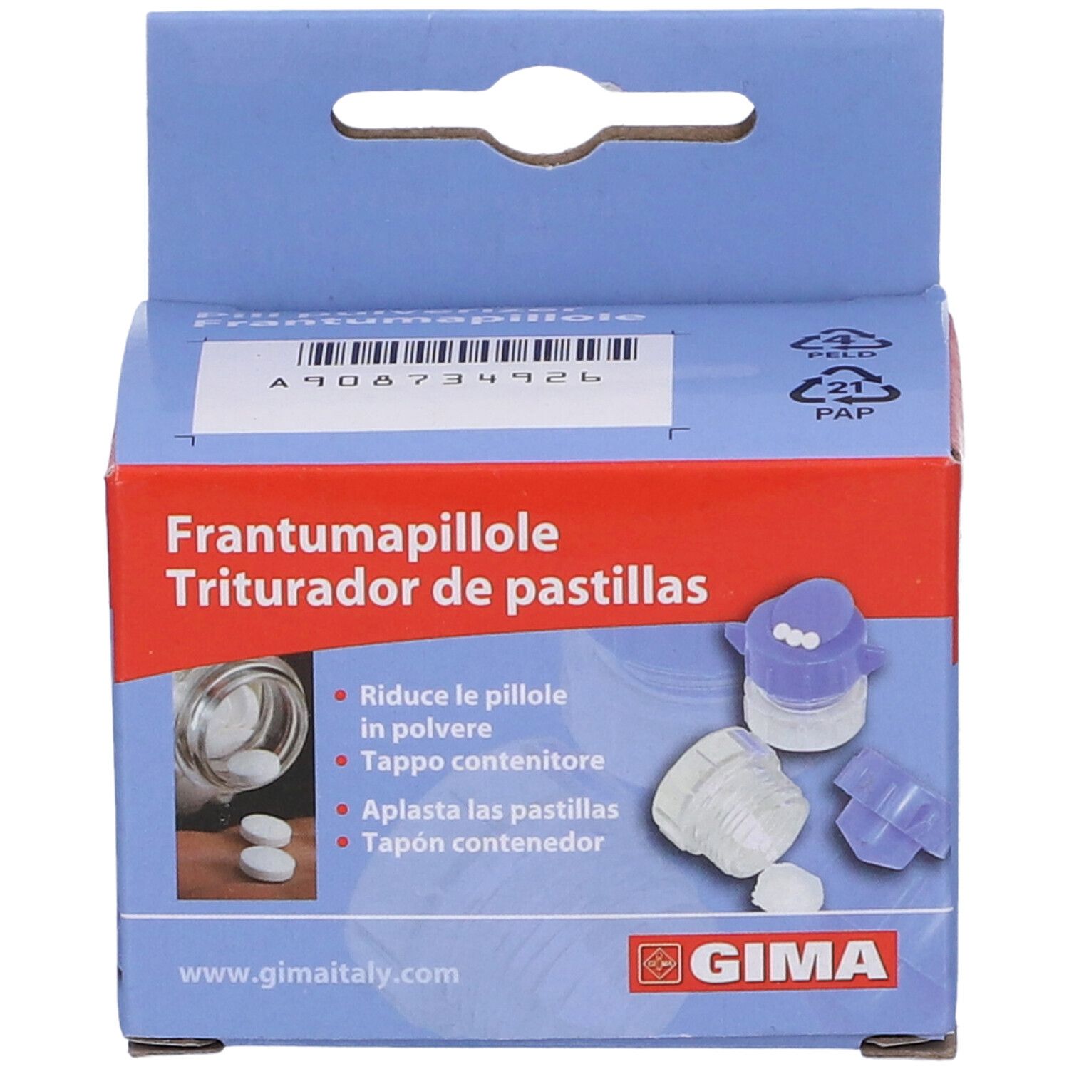Confezione con immagine del prodotto e testo. Scritta: Frantumapillole. Marchio: GIMA. Immagine e testo del prodotto in più lingue.